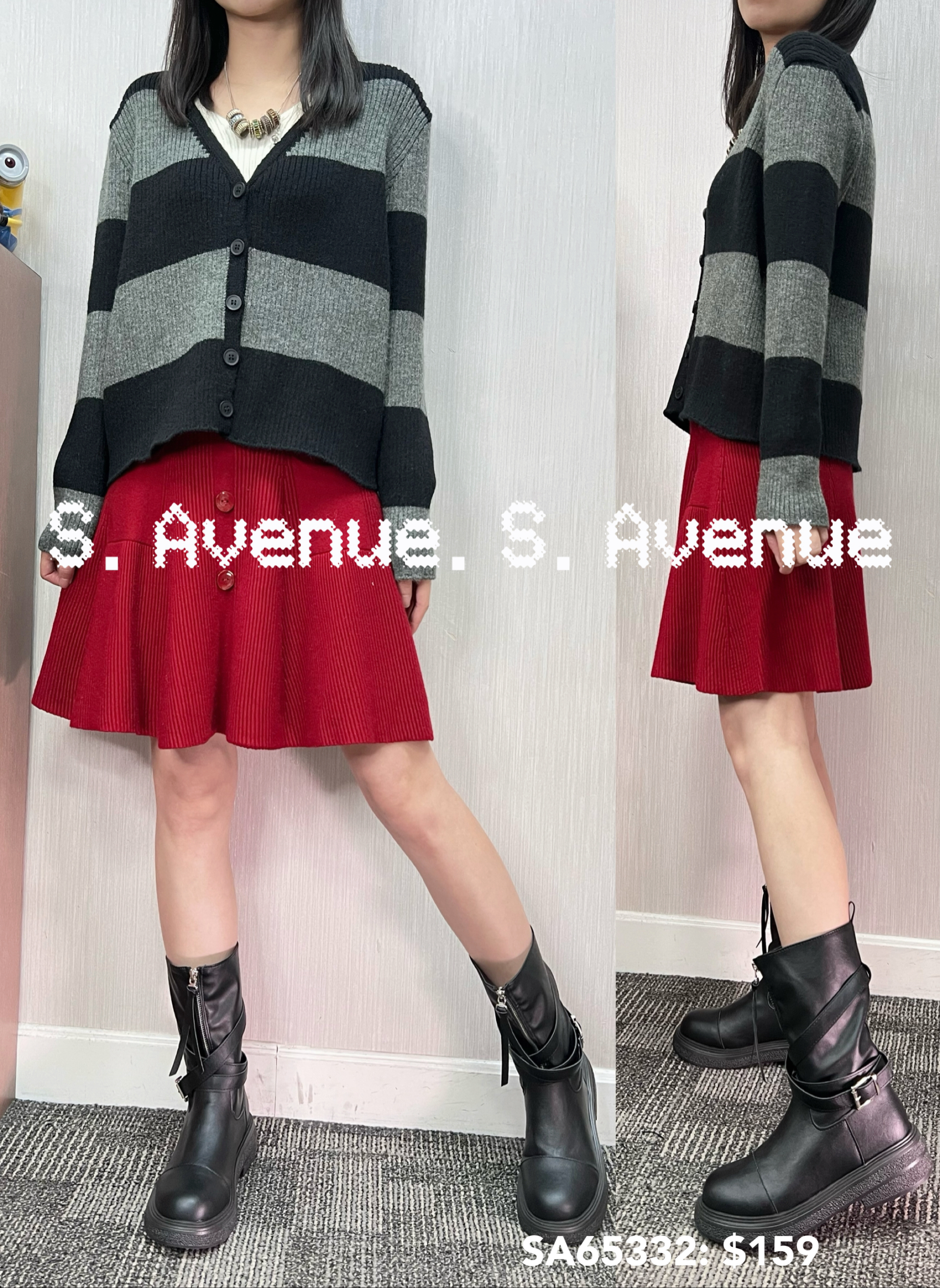 SA65332: 長袖V領有鈕假兩件間條top