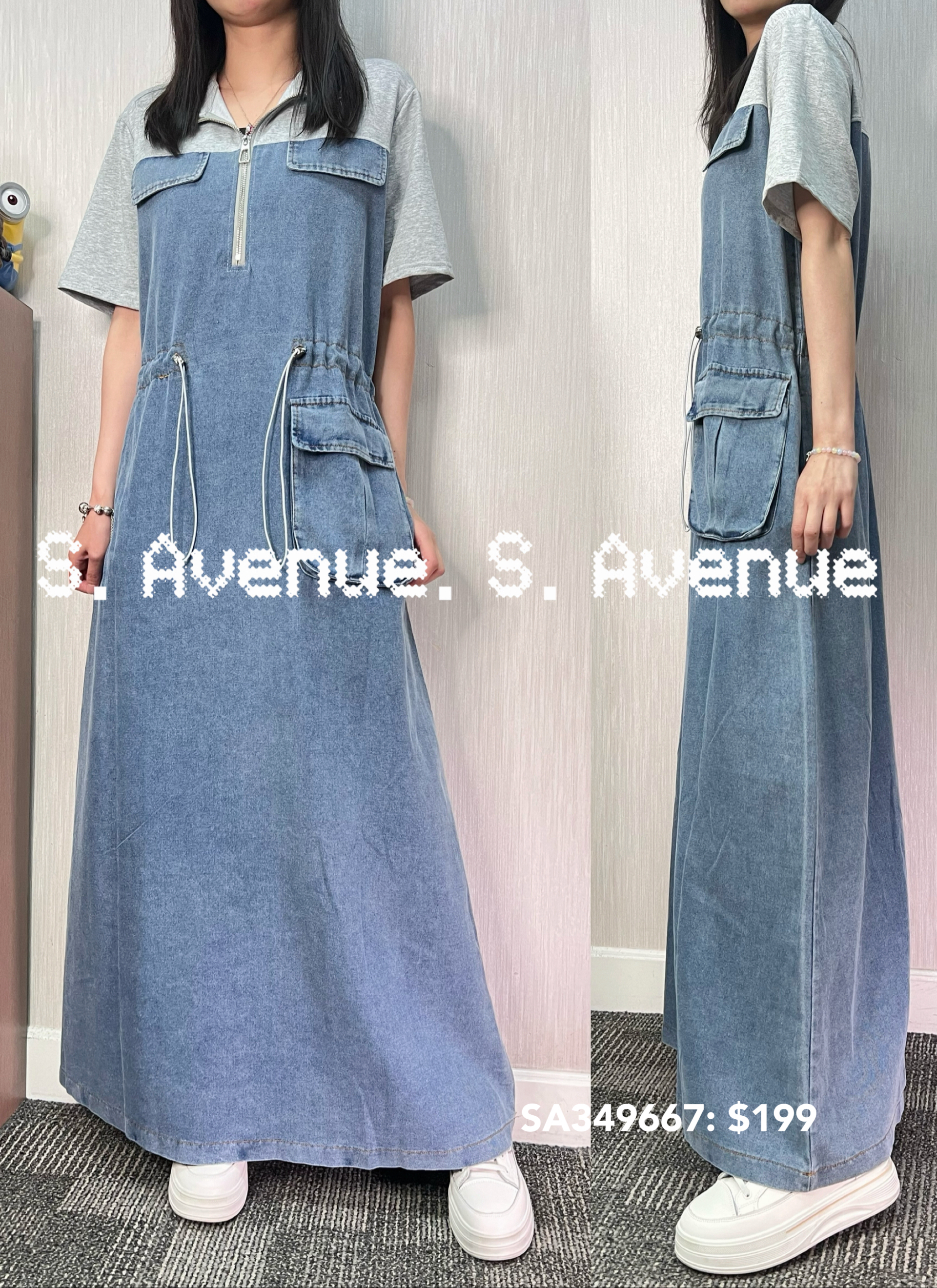 SA349667: 短袖上拉錬下牛仔長裙