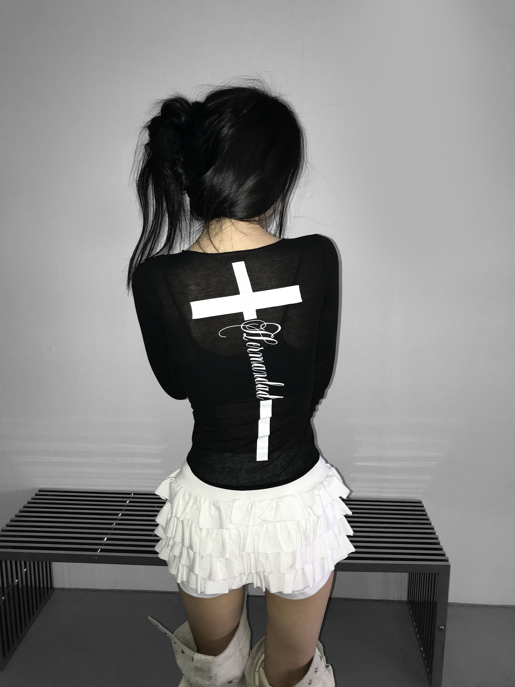 Sheer Tie-Front Cross Graphic Top