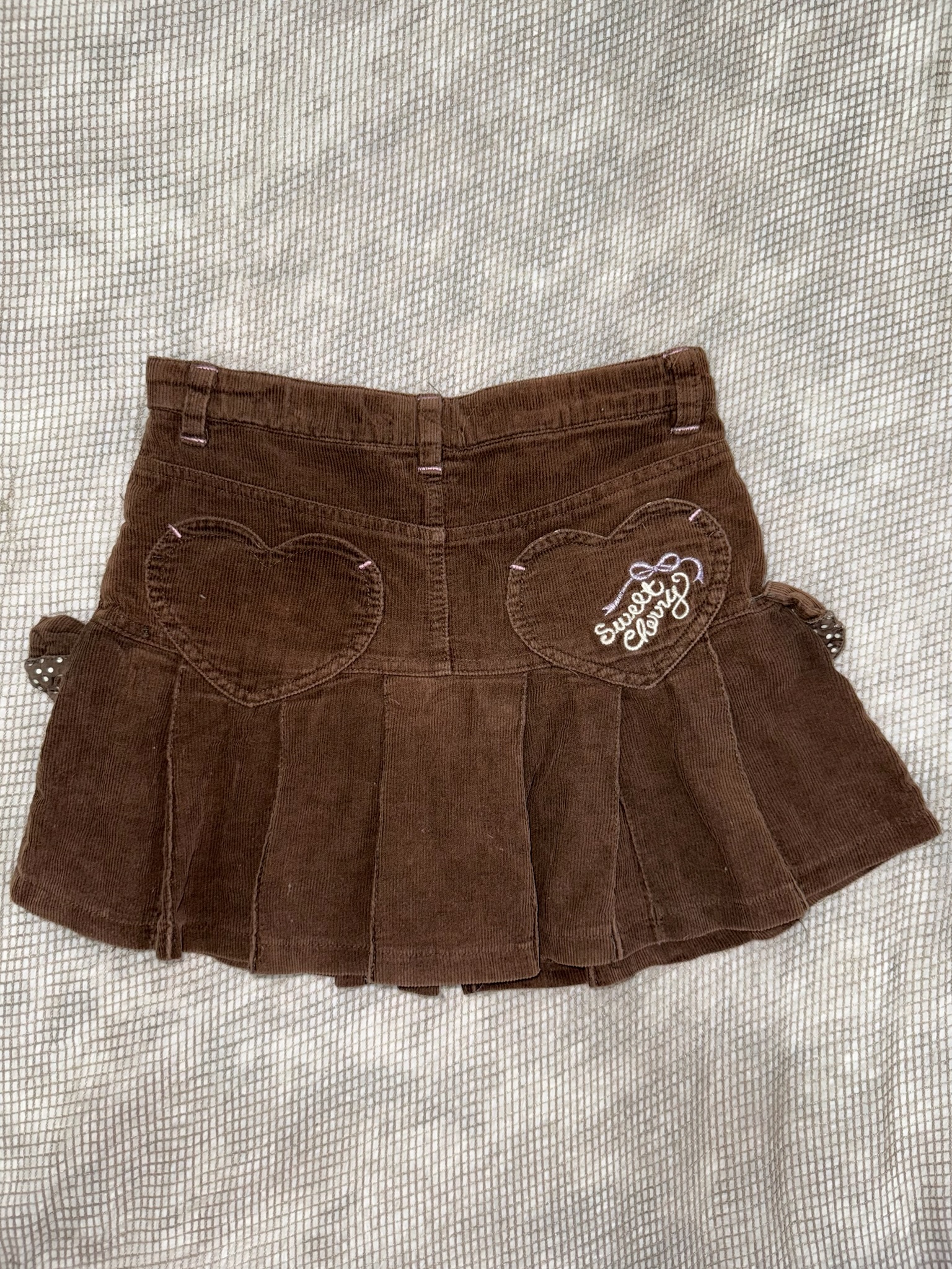 Brown Corduroy Pleated Mini Skirt with Side Bows and Polka Dot Lining
