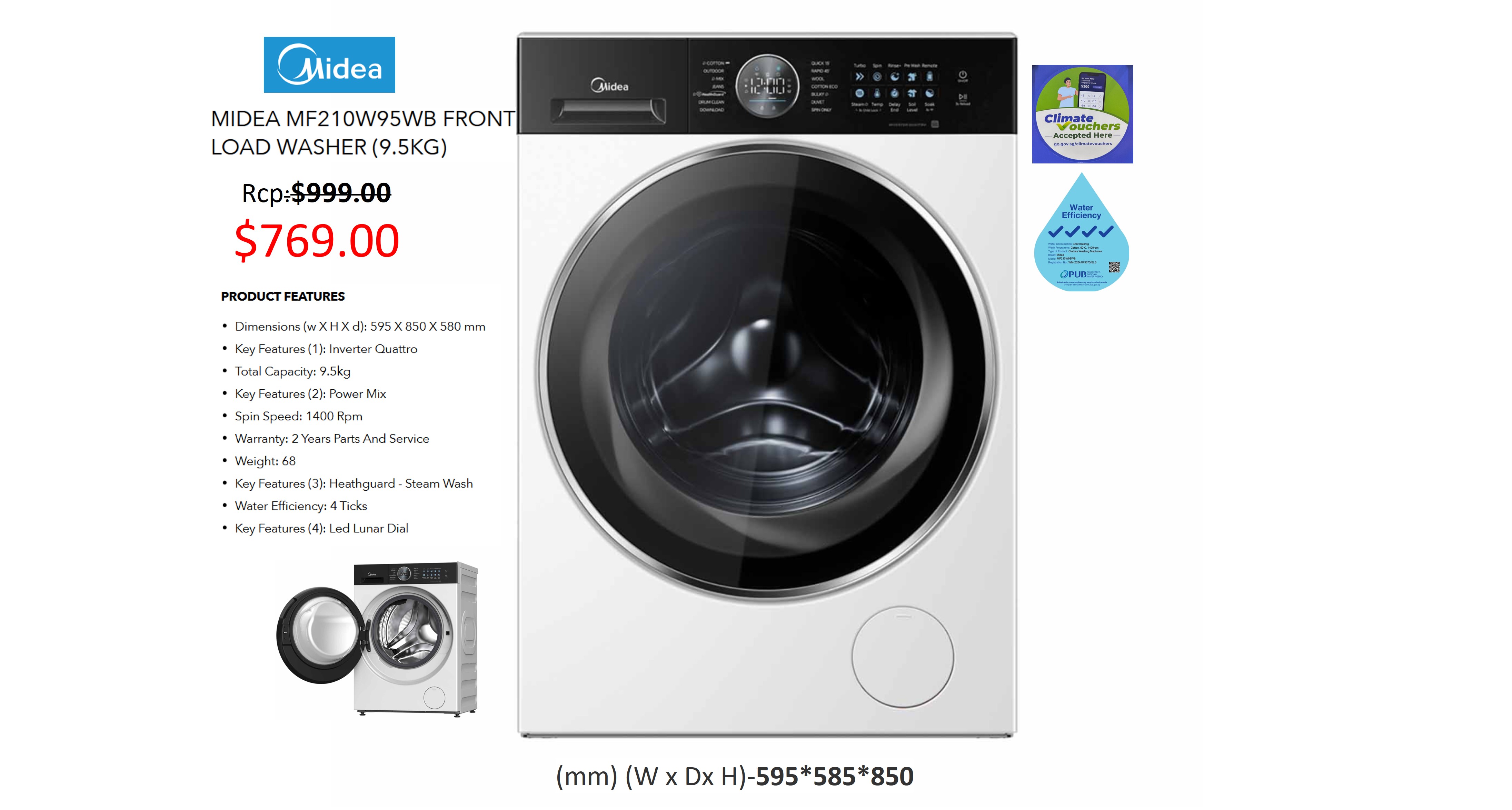 Midea 9.5KG Front Load Washer MF210W95WB