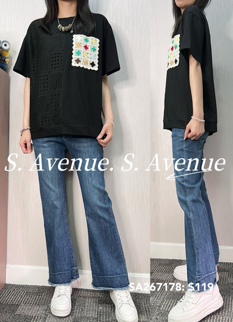 SA267178: 短袖側拼lace勾織袋tee