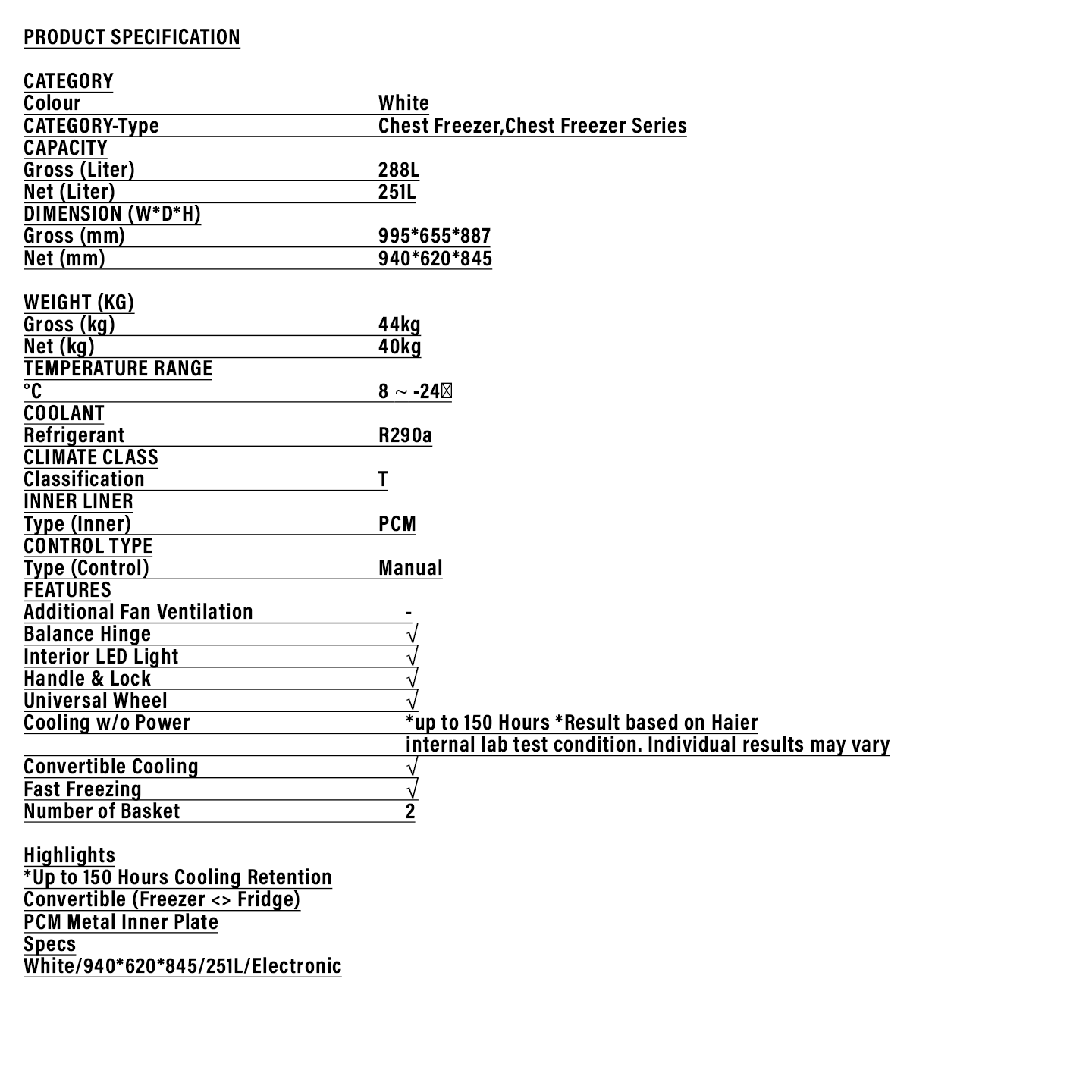Haier 288L Chest Freezer (BD-288HEC)