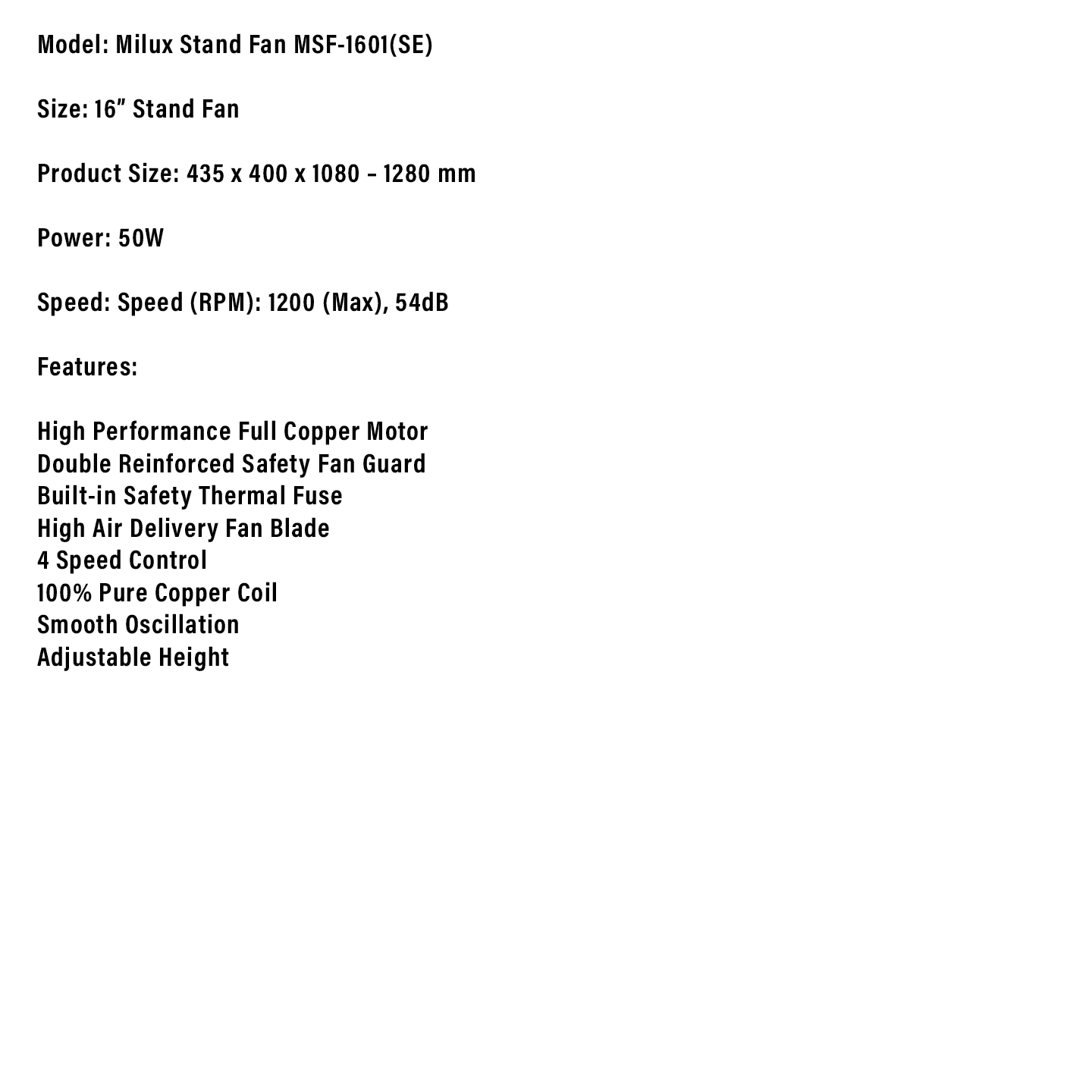 Milux 16" 3-Speed Stand Fan (MSF-1601 SE)