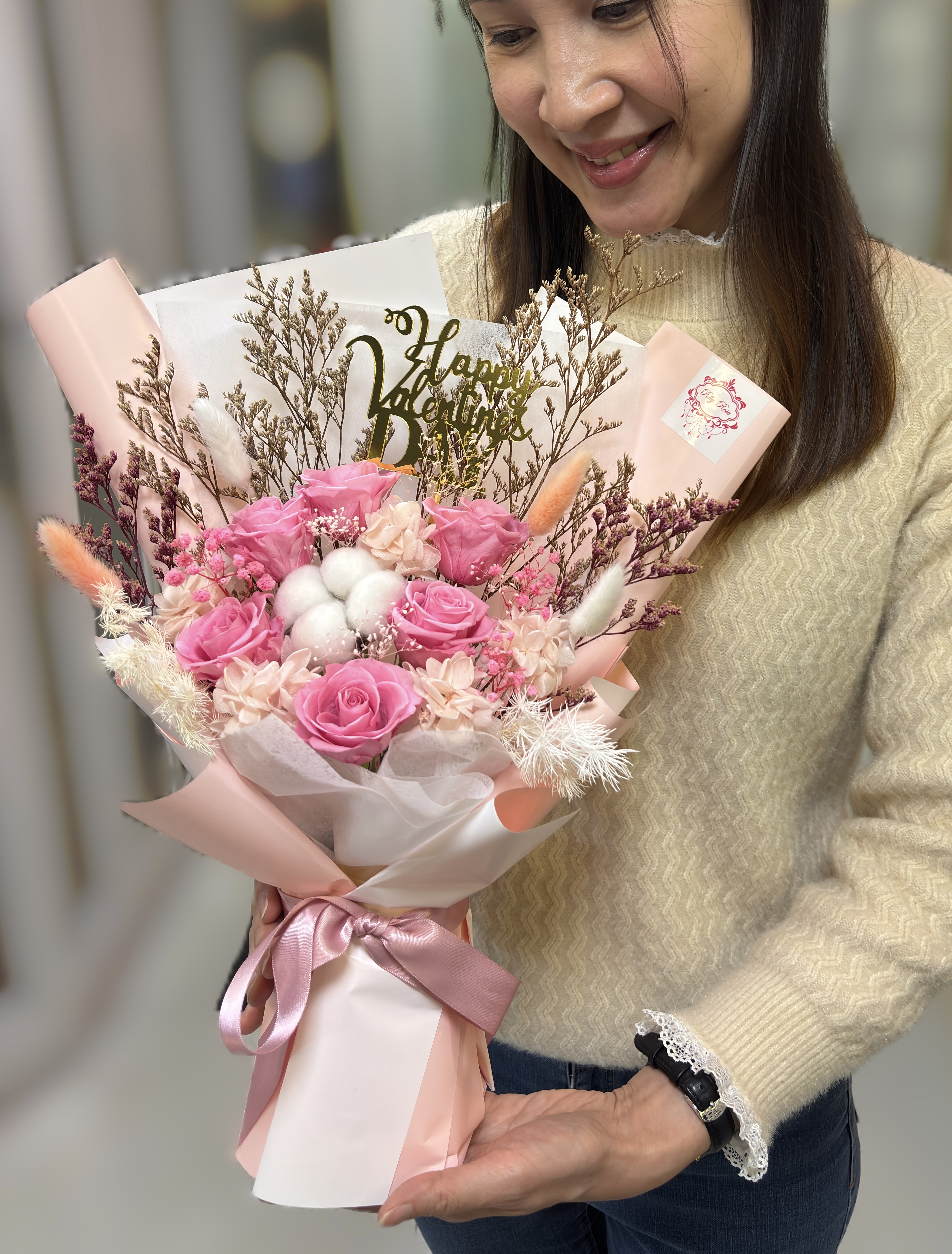 情人節永生花花束（6朵玫瑰, 高約43cm、紅、淺紫、深紫、粉紅、藍）