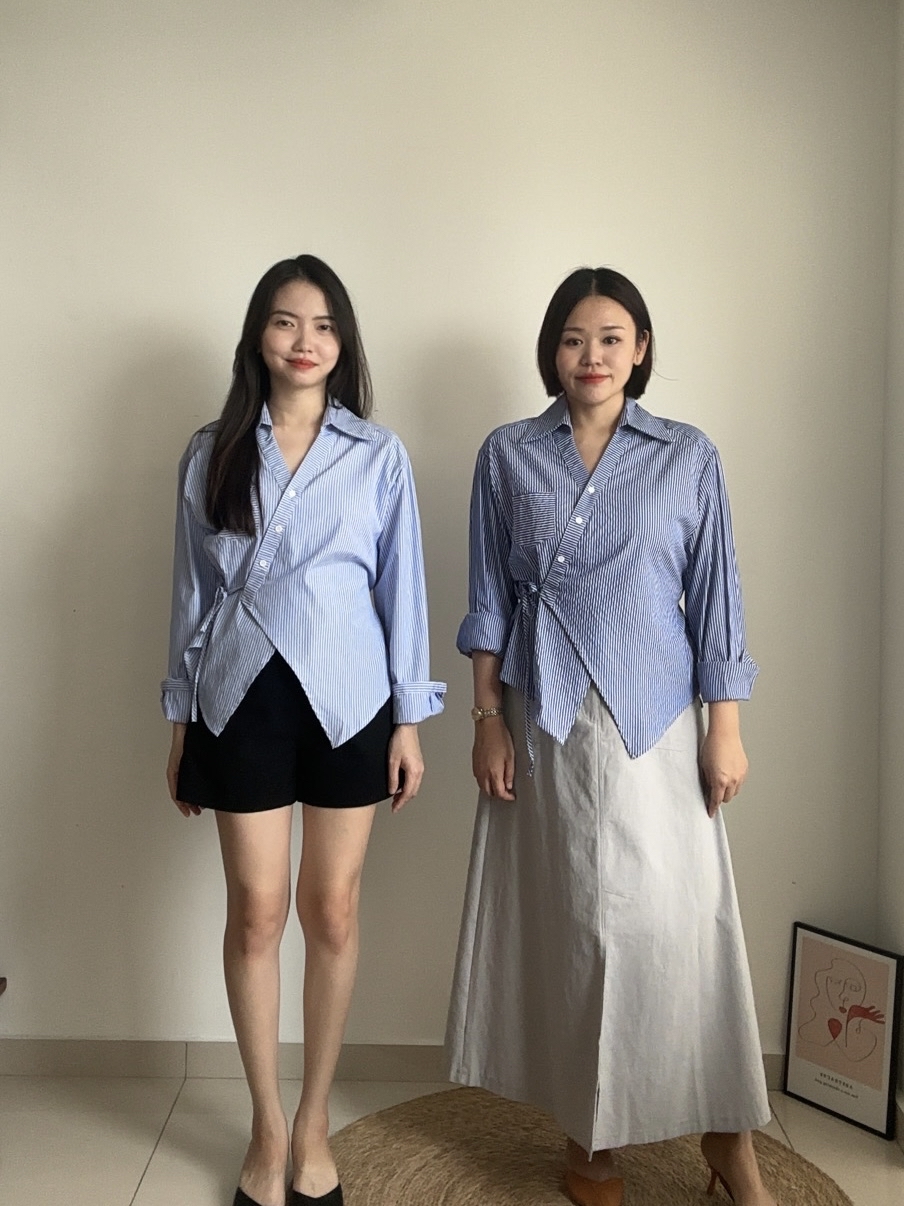 T4140 Side-tie Stripe Shirt - Dark Blue & Light Blue