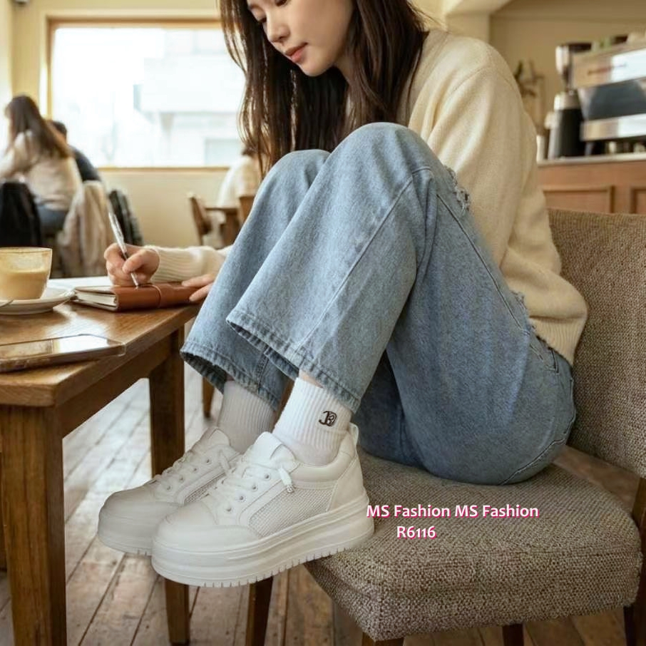 R6116 韓國🇰🇷真皮厚底拼網料sneakers