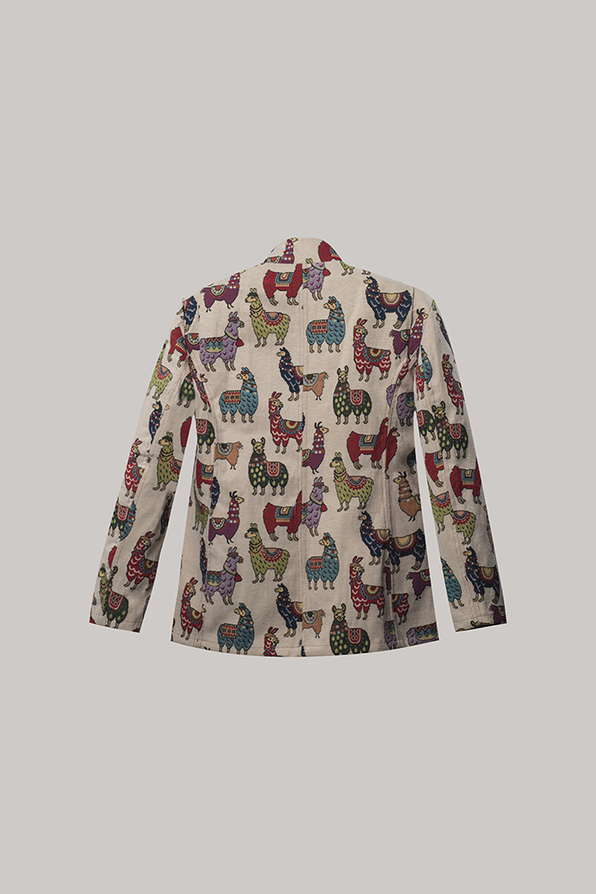 Playful Llama Print Utility Jacket – Multicolor Canvas