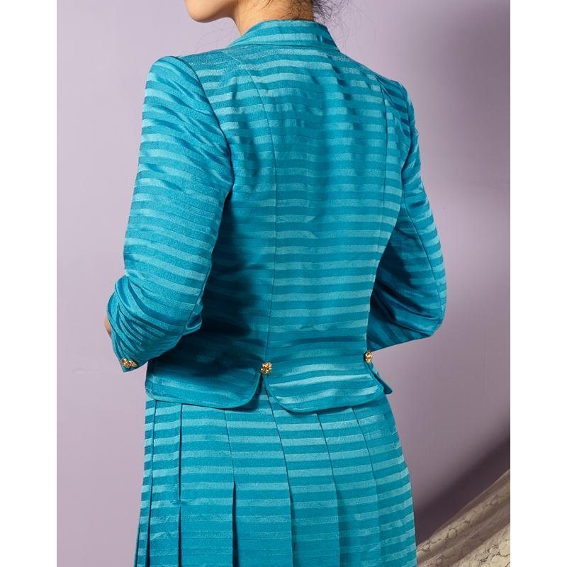 Rare! C.a. 1970-80s Japanese Shiny & Matte Turquoise Blue Tailored Blazer/Bolero with Chained Button and Pleated Skirt (MT1607-3)