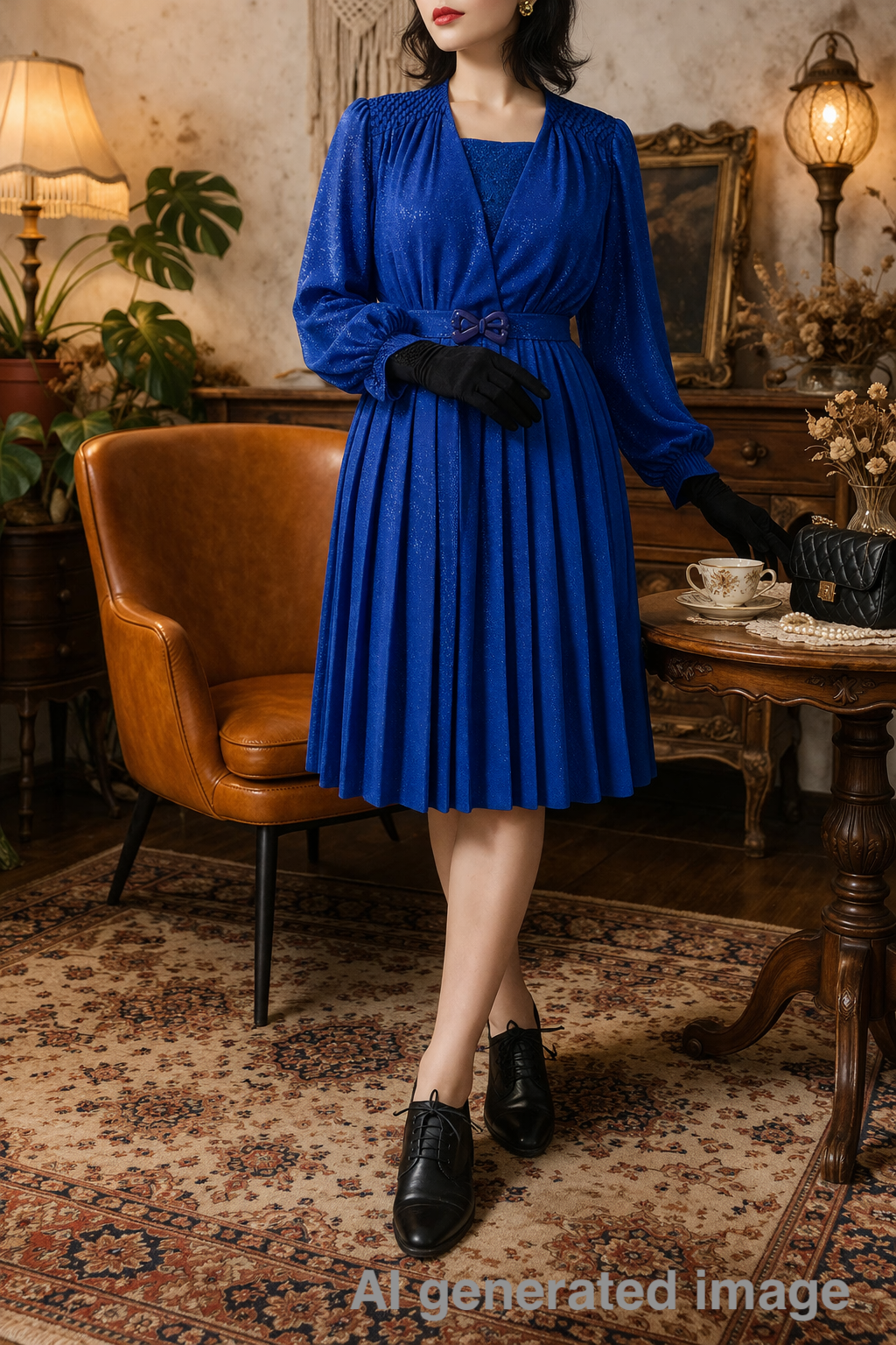 Vintage Elegant Shoulder Pleated Detail Royal Belt Day & Night Dress with Original Belt (MT1608-160)