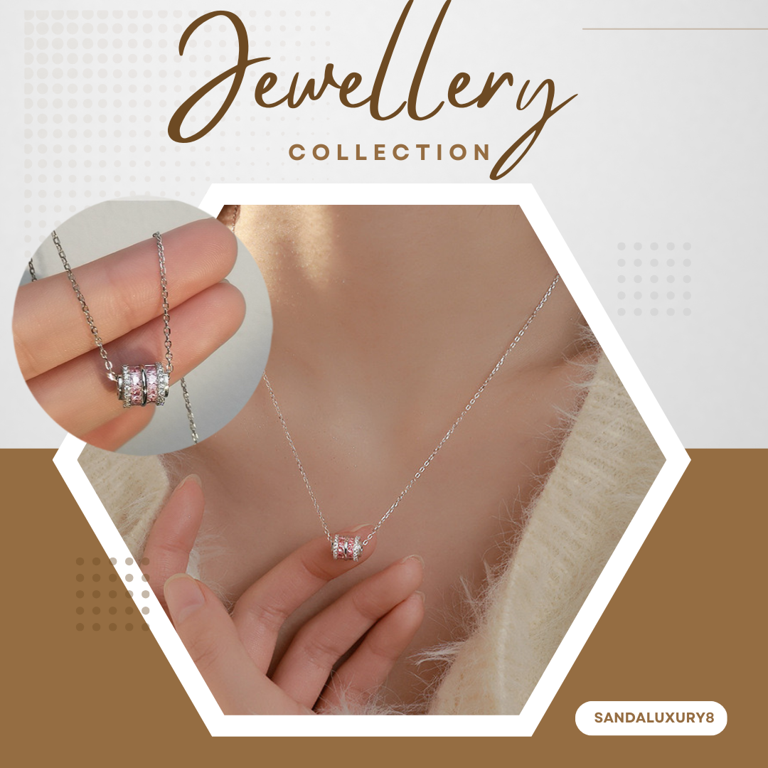 Elegant Silver Chain with Pink CZ Rotating Circle Pendant Necklace  - SANDALUXURY8