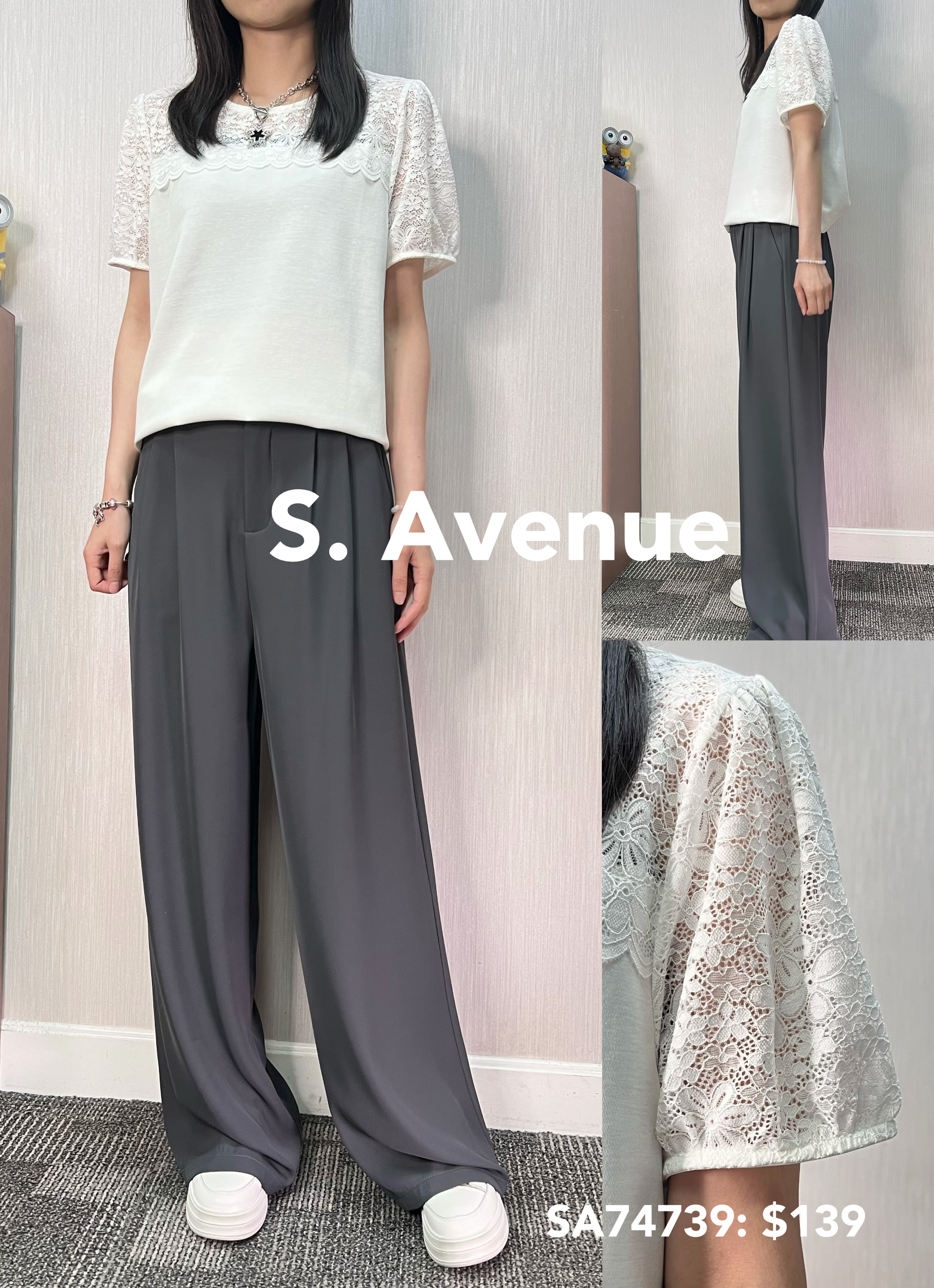 SA74739: 短袖袖領lace淨色top