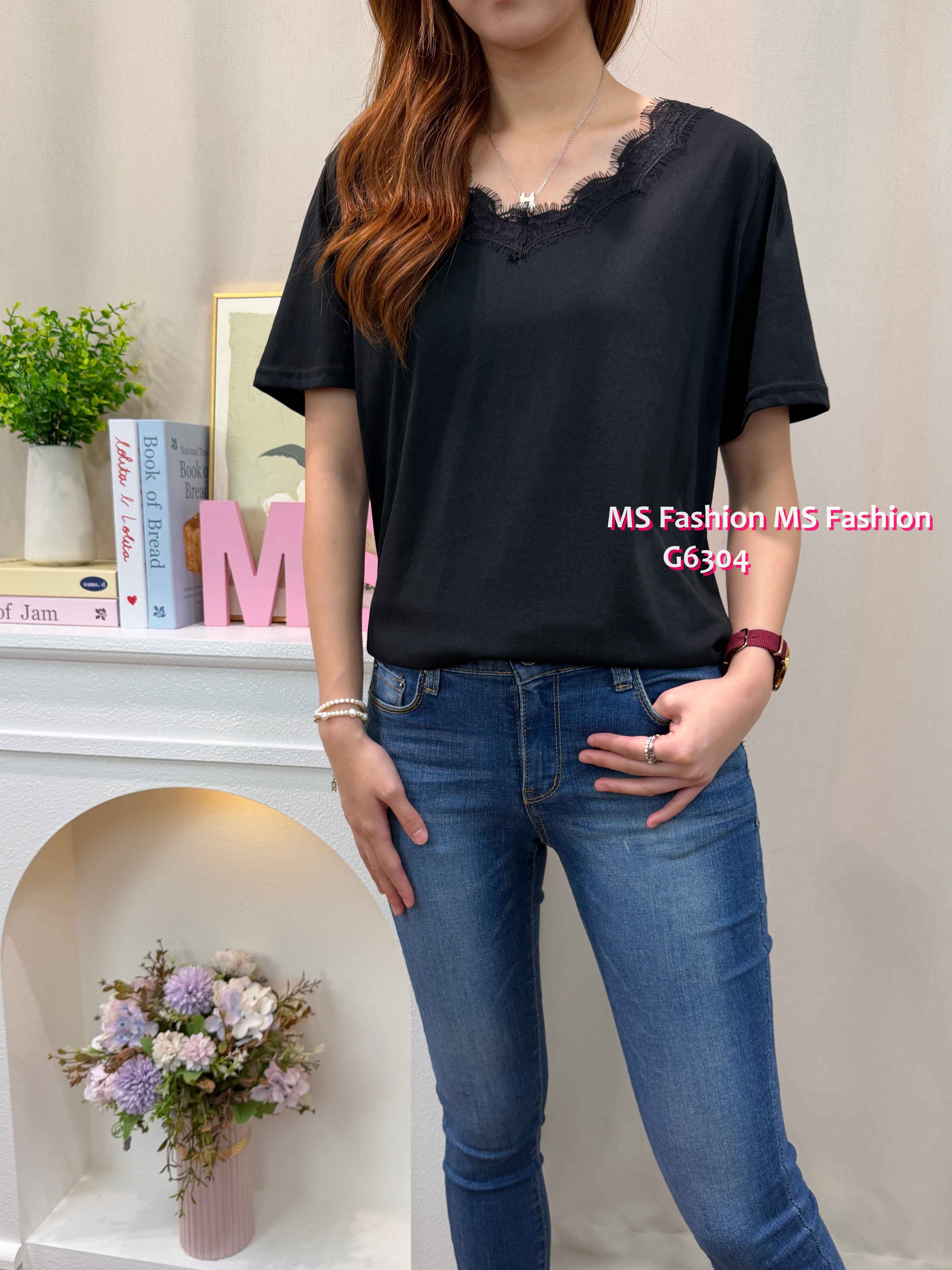 G6304 V領拼lace top