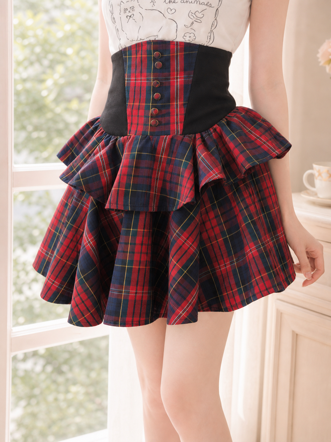 【APV Girliness 】緋紅諾言復古高腰宮廷雙層蛋糕格子裙  Victorian High-Waist Tartan Tiered Skirt