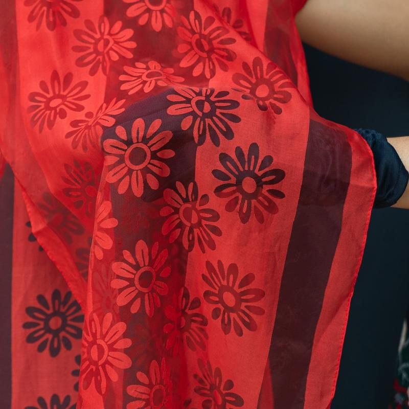 Vintage 1960s Red Floral Pattern Sheer Chiffon Long Scarf From Germany(MT1602)