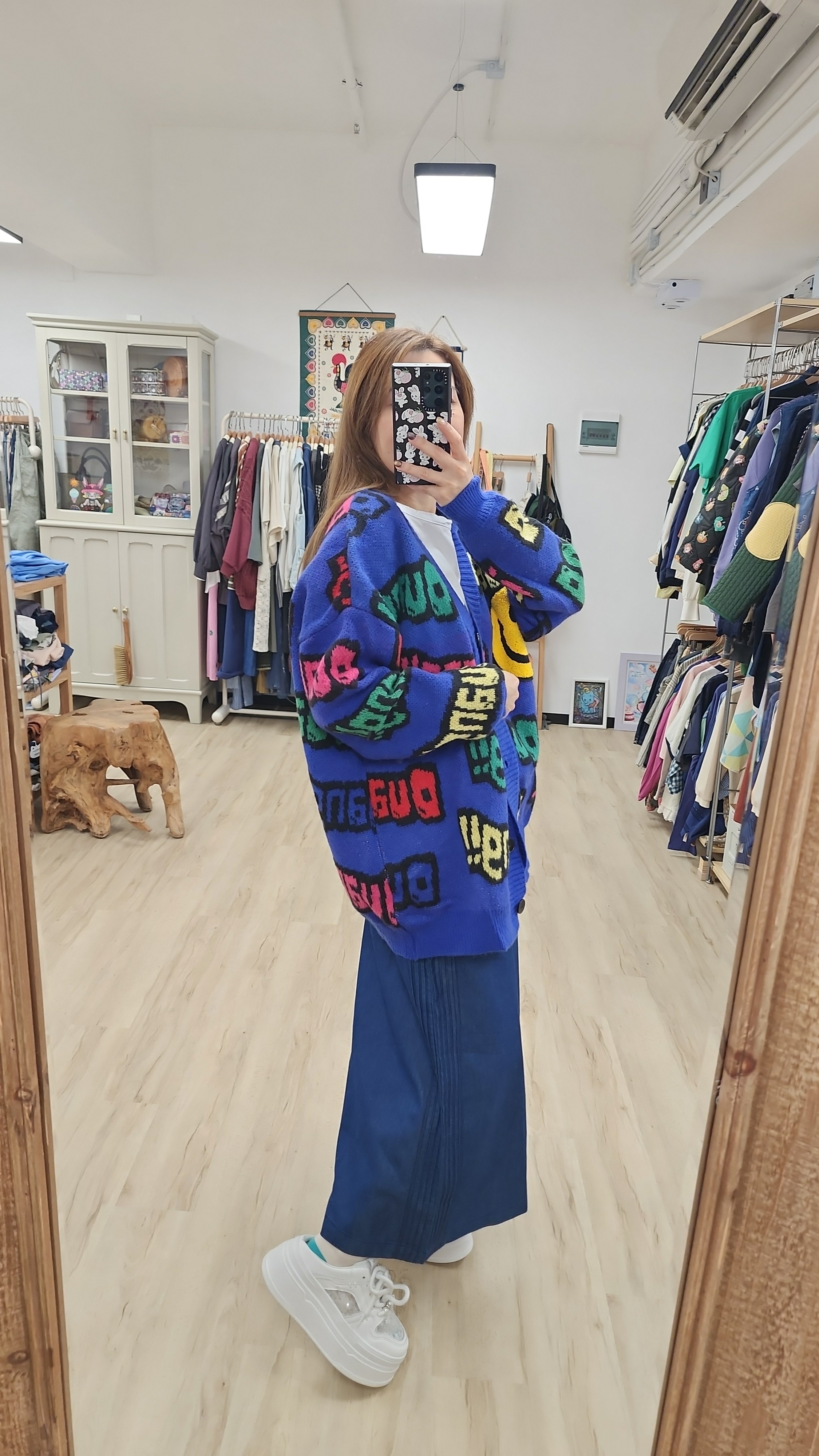 韓國藍拼彩字母哈哈笑針織外套