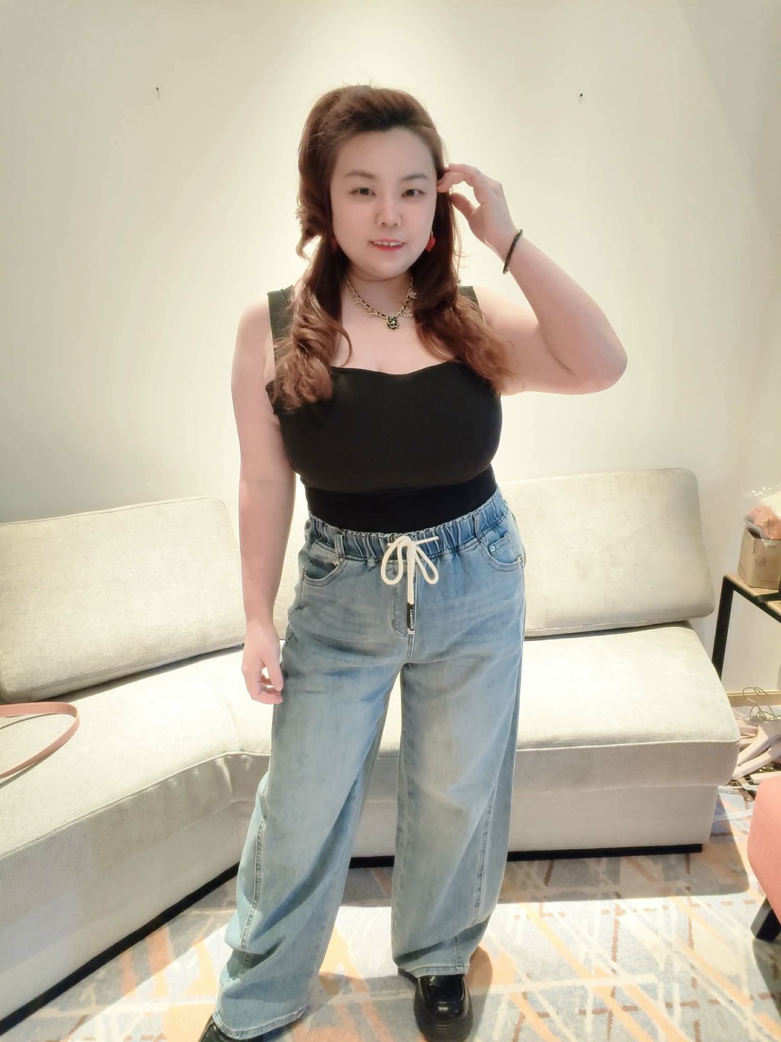 YPA07 C1037 松紧腰弹力水洗牛仔直筒长裤