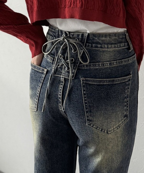 綁帶喇叭高腰牛仔褲【JP010】