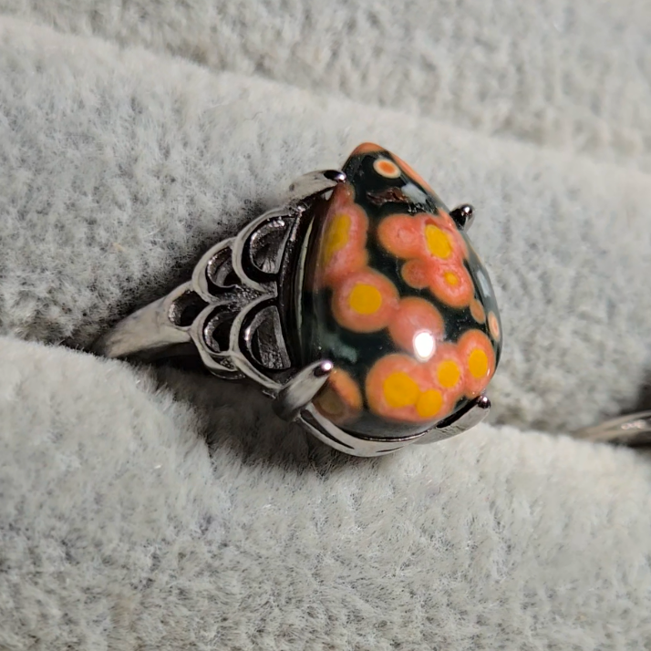 Old stock ocean jasper ring with pink-ringed yellow orbs (A) - JW33