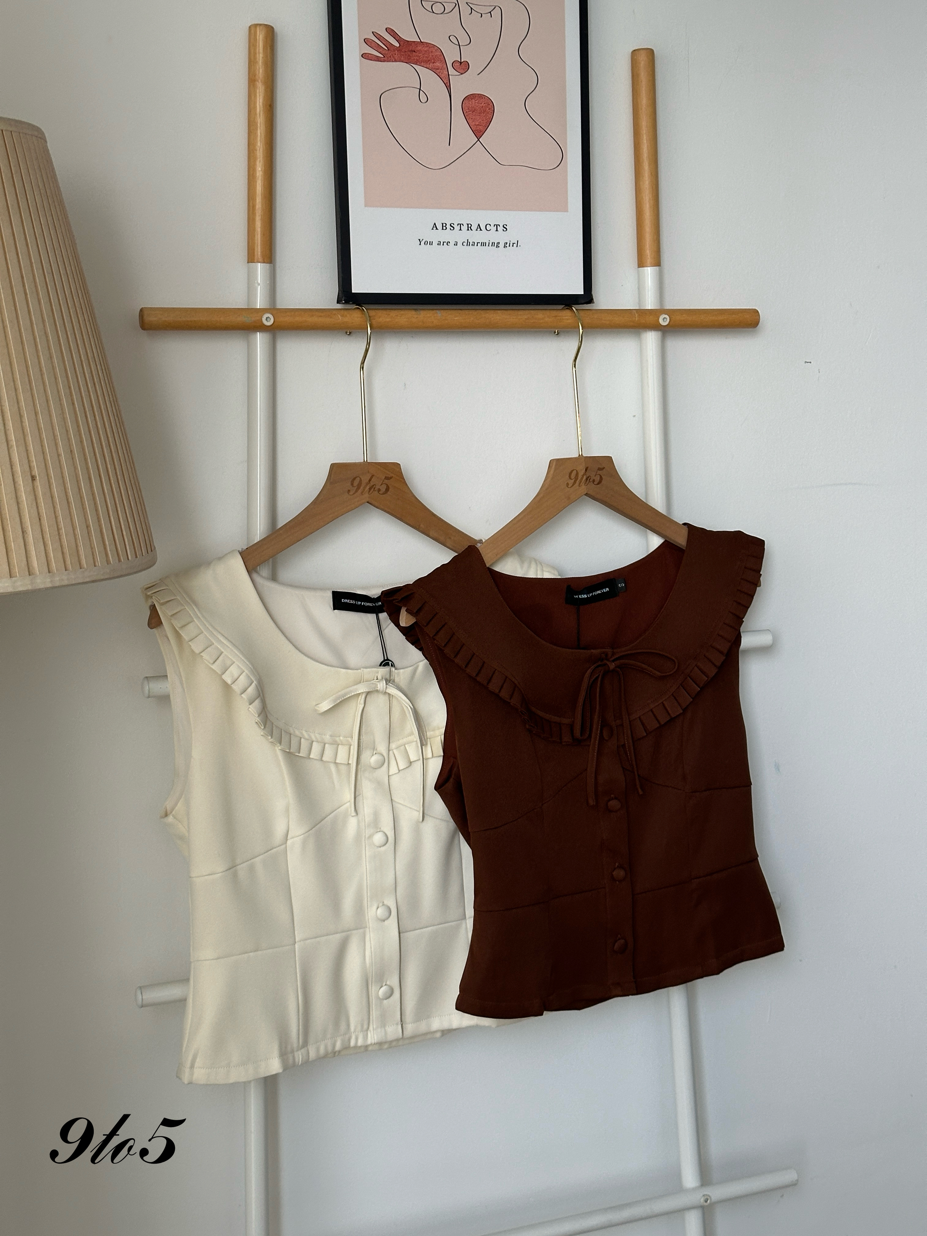 T4039 Bow-tie Ruffle Top - Brown & Cream