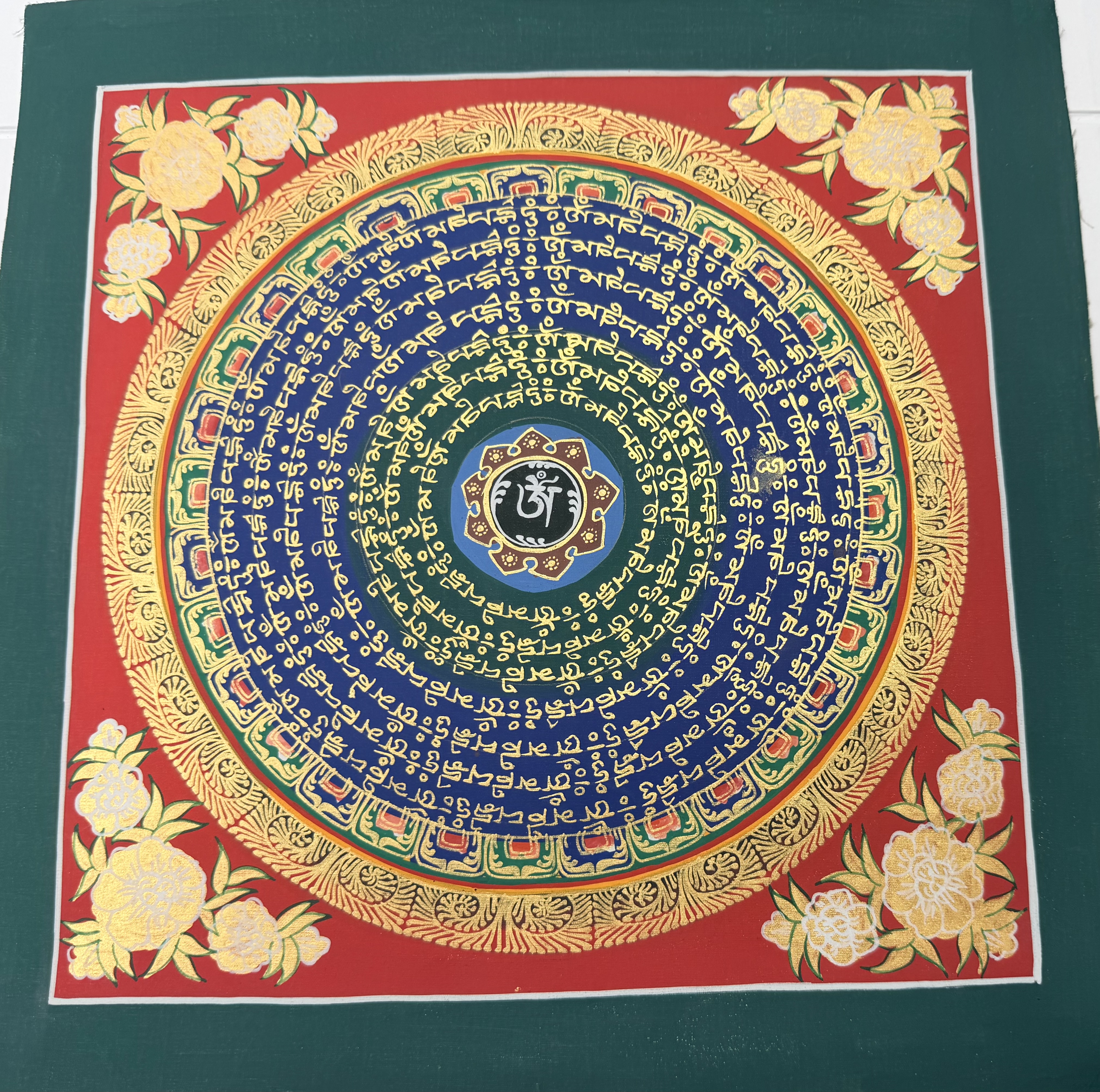 #18 尼泊爾三大廟加持手繪唐卡～OM 字，六字大明咒唐卡 ，約33m 外，內27.5