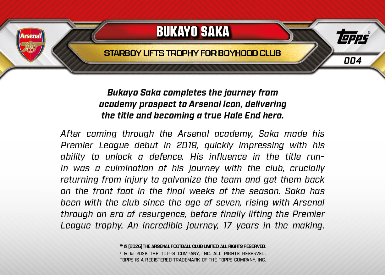 Bukayo Saka - 2025/26 Arsenal FC Topps NOW #4 英超冠軍捧盃卡｜PR 7,005