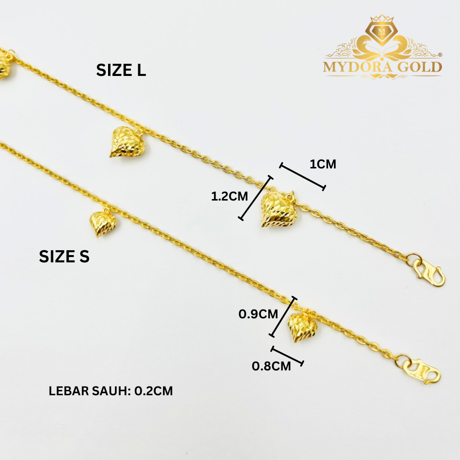 MYDORA Rantai Tangan Sauh Matahari Gantung 3 Love Pahat | EMAS 916/22K