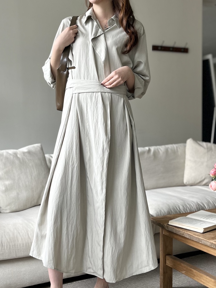 Minimal Belted Shirt Dress (Khaki)