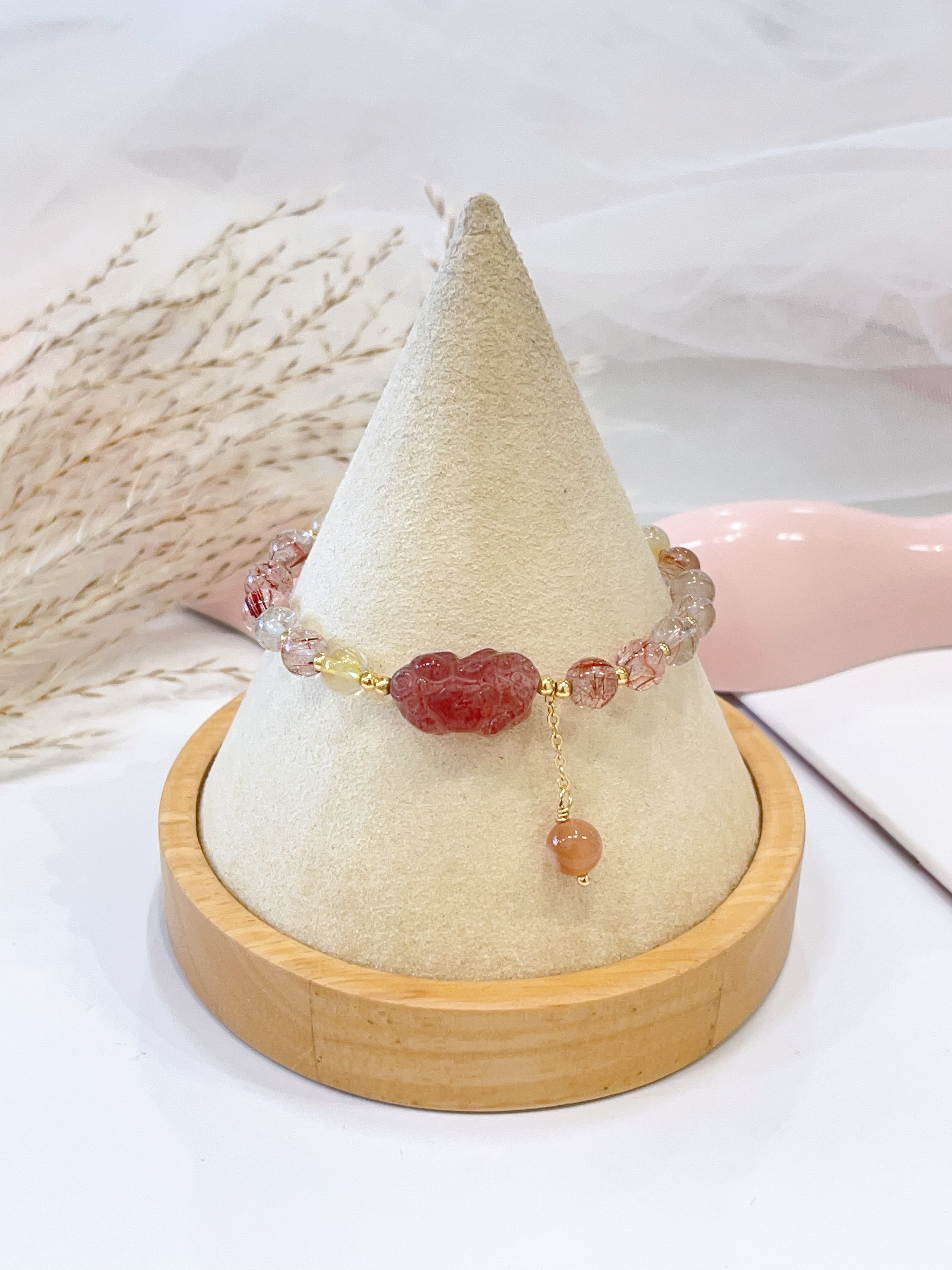 🌈🍓 彩发晶多宝 × 草莓晶貔貅手串 Multicolor Rutilated Quartz & Strawberry Quartz Pixiu | 6-8mm