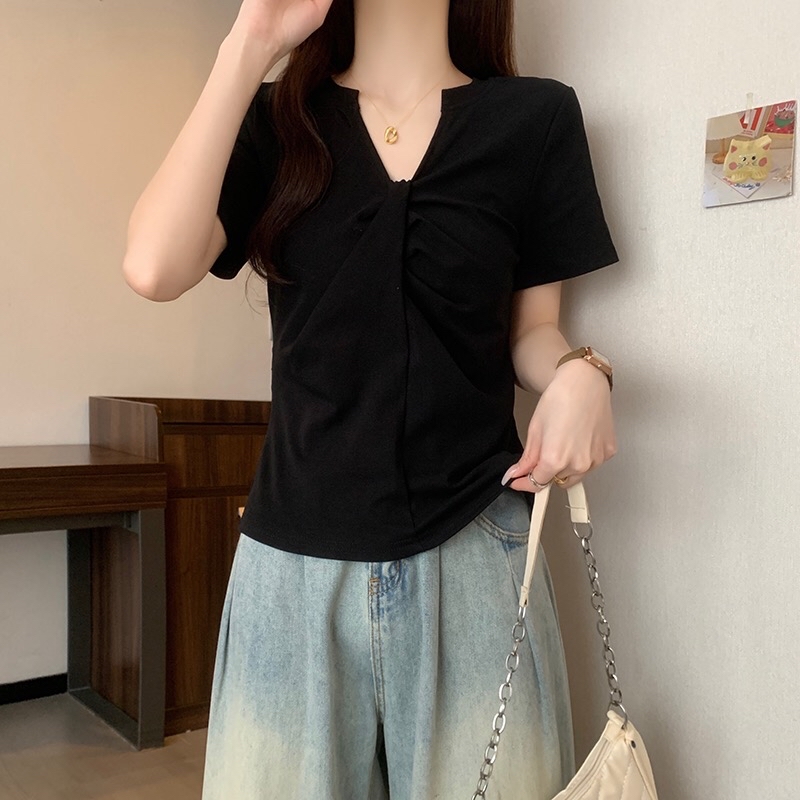 B335(16289) 韩版甜辣风领扭结褶皱显瘦黑上衣