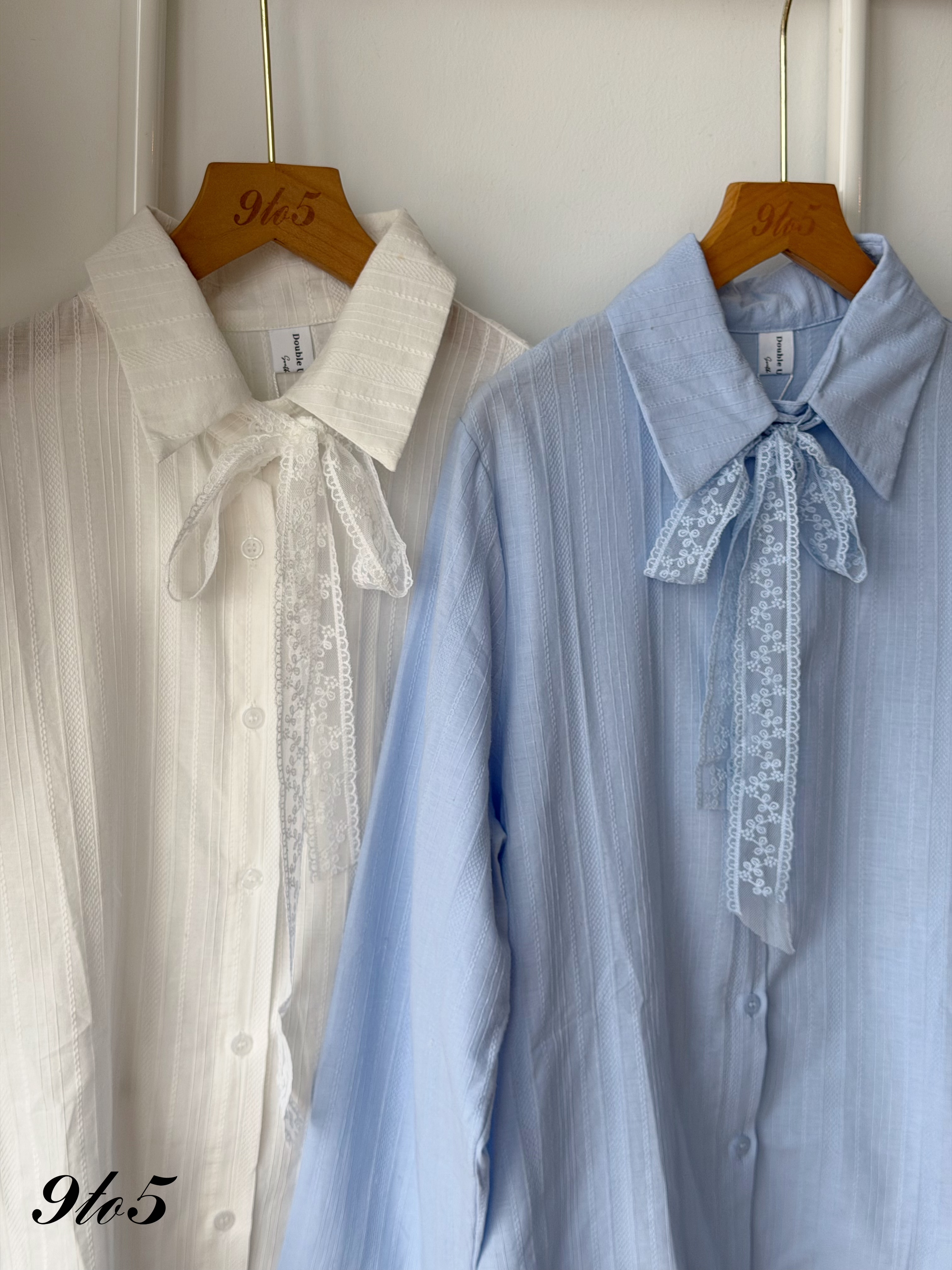 T4496 Lace Tie-Neck Collar Shirt - Blue & White 