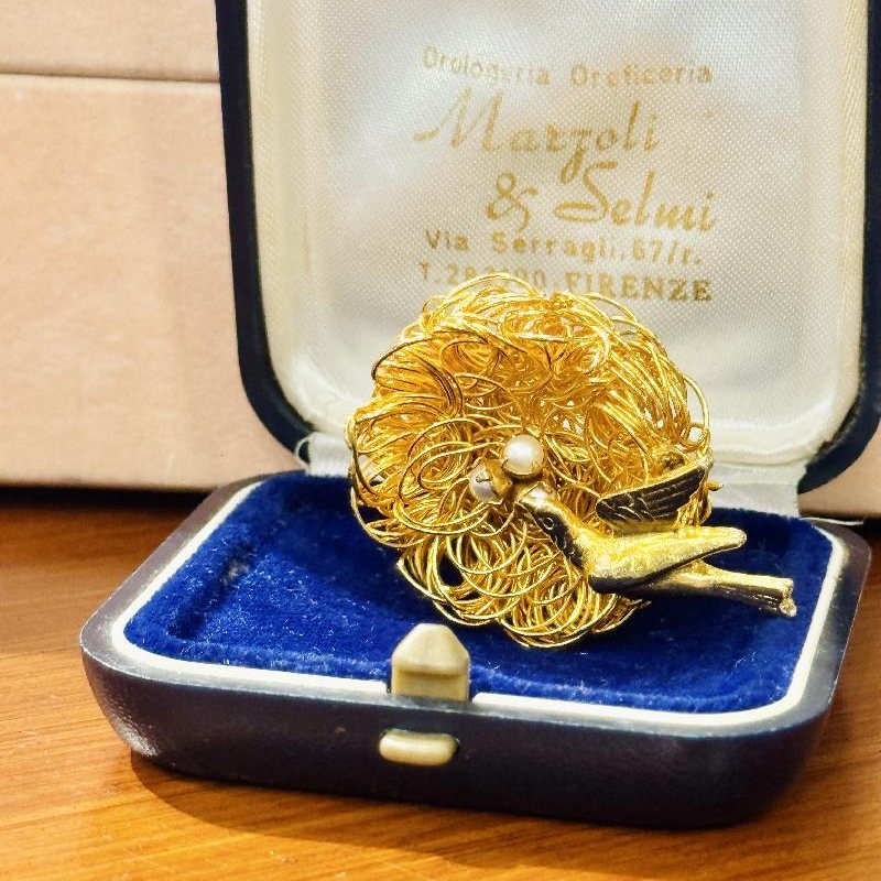 Vintage Wired Bird Nest with Pearl Egg Brooch (C055)