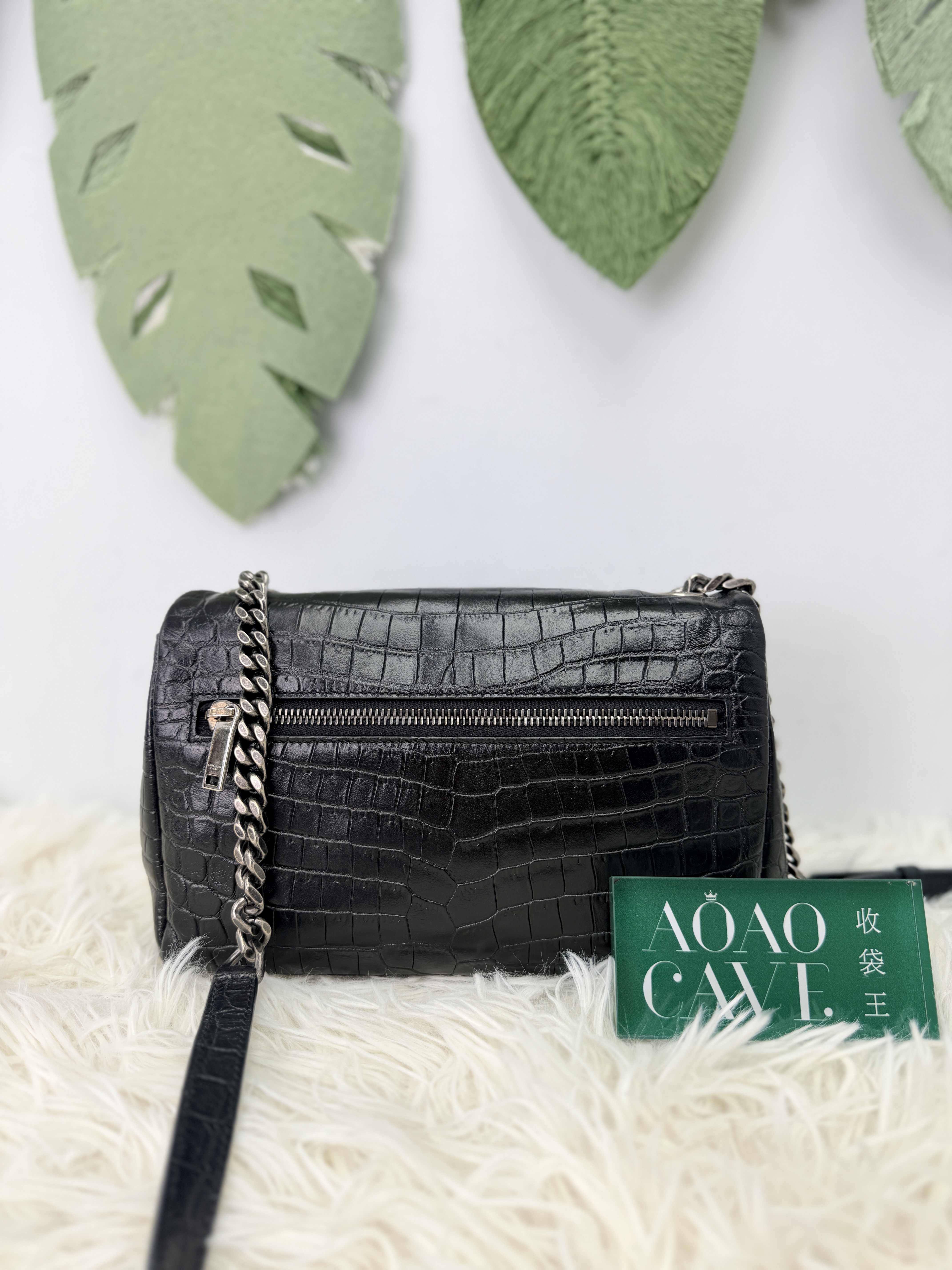 YSL 🤍PRE OWNED YSL 黑銀鱷魚壓紋 鏈條包 斜孭包🖤