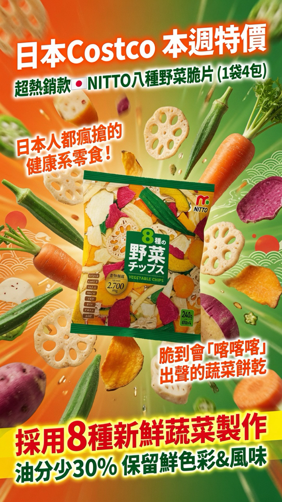 日本Costco 本週特價  日本 COSTCO 超熱銷款🇯🇵NITTO八種野菜脆片（1袋4包） 