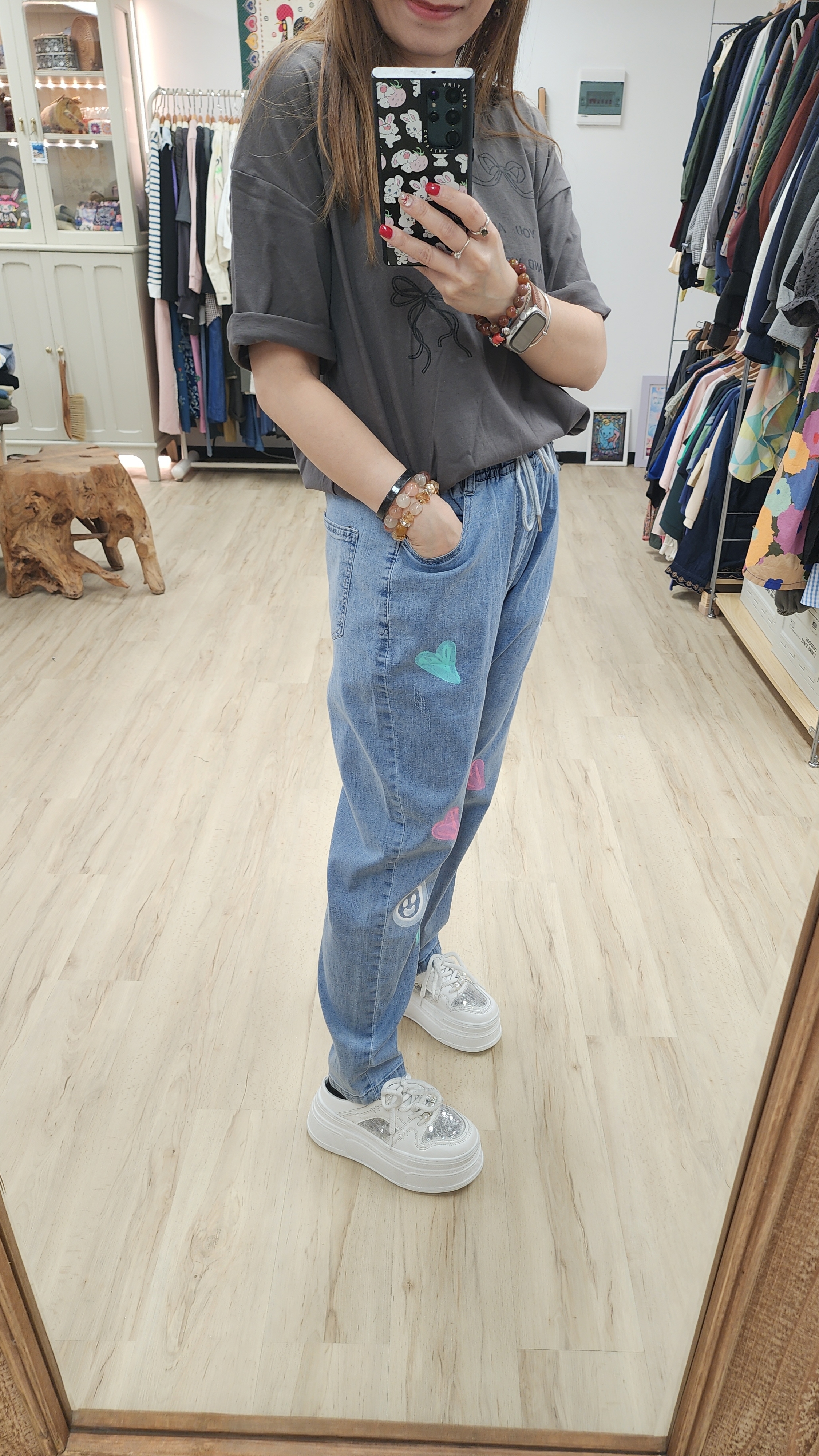 韓國淺藍哈哈笑心心印圖修腳橡筋牛仔褲