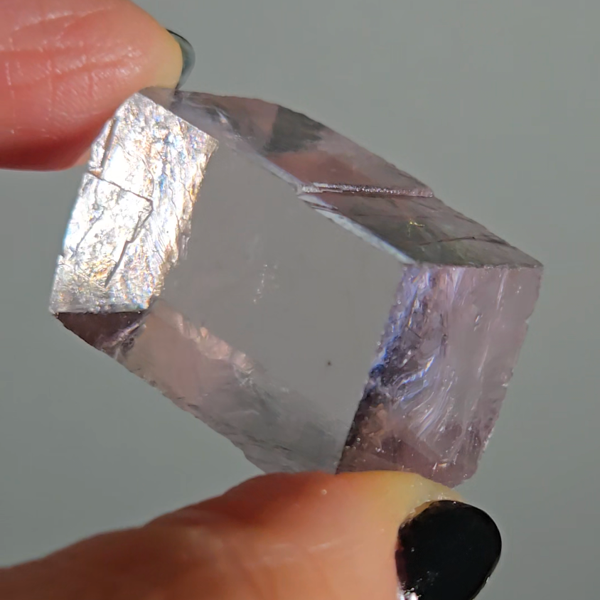 Purple calcite cube with rainbows - PC3