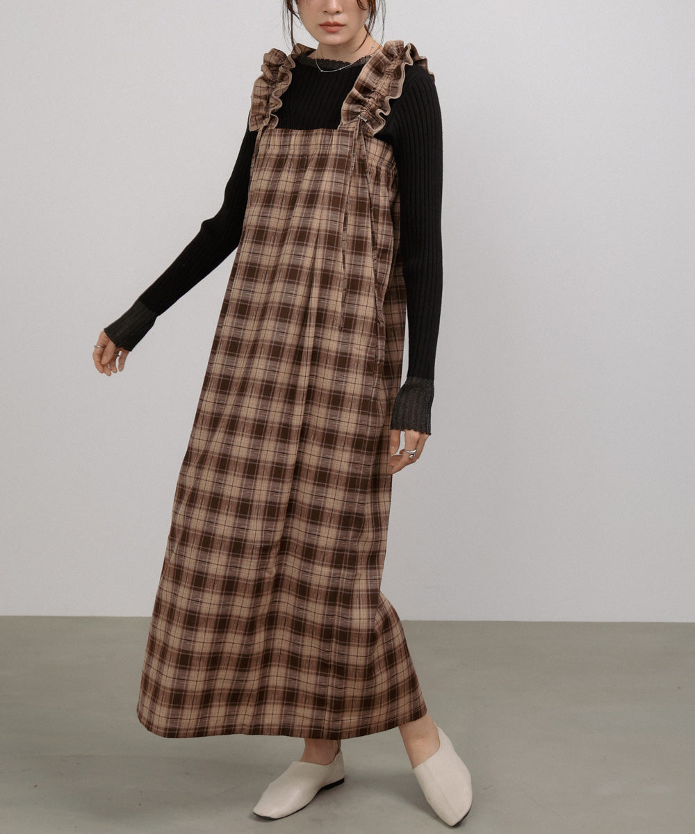 <限量現貨> 木耳邊粗肩束帶格紋OPS - brown 