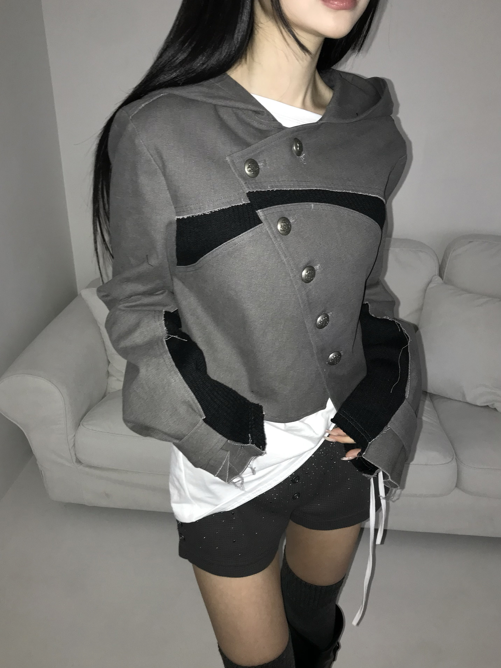 Asymmetric Raw-Edge Hooded Cropped Jacket