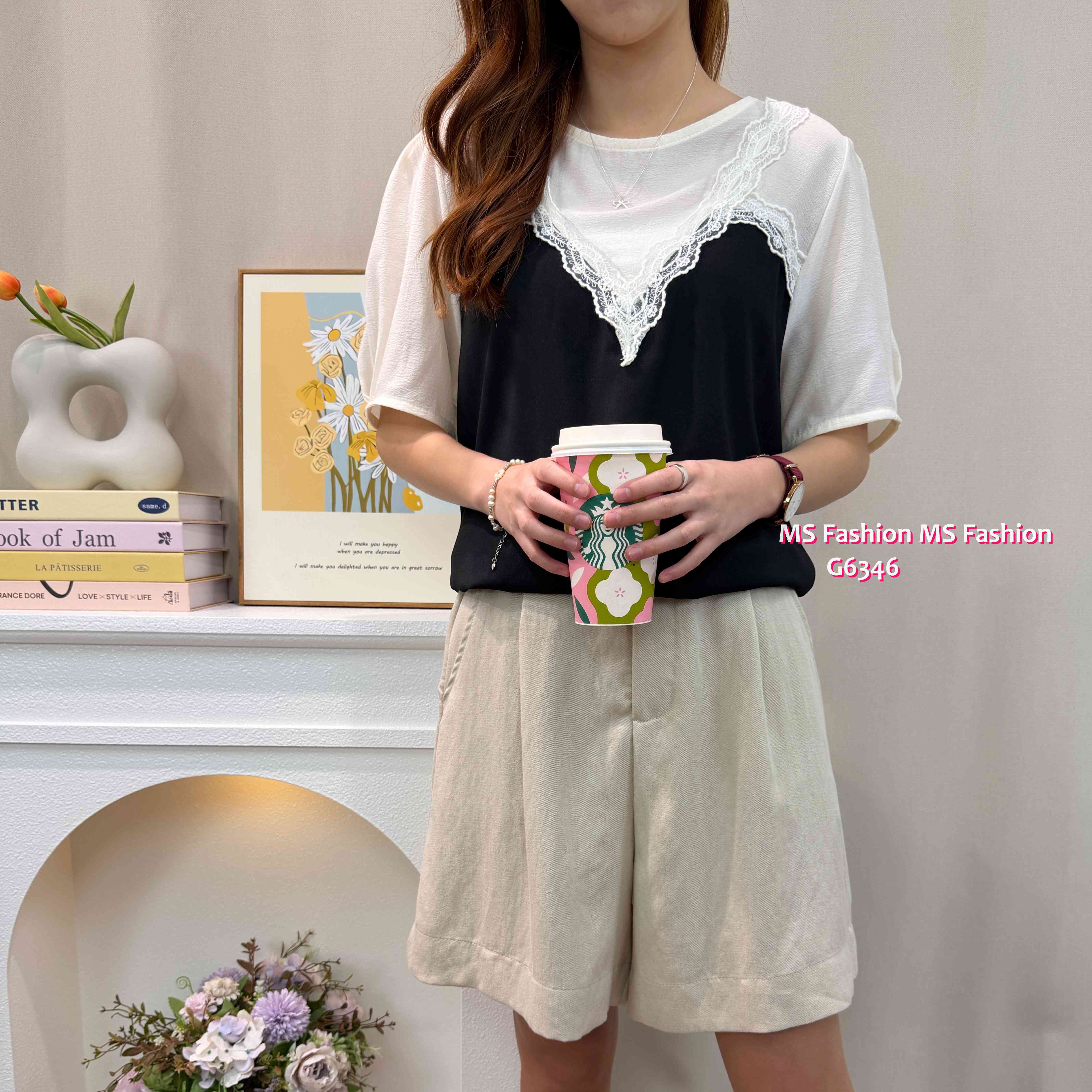G6346 靚料拼色V lace top