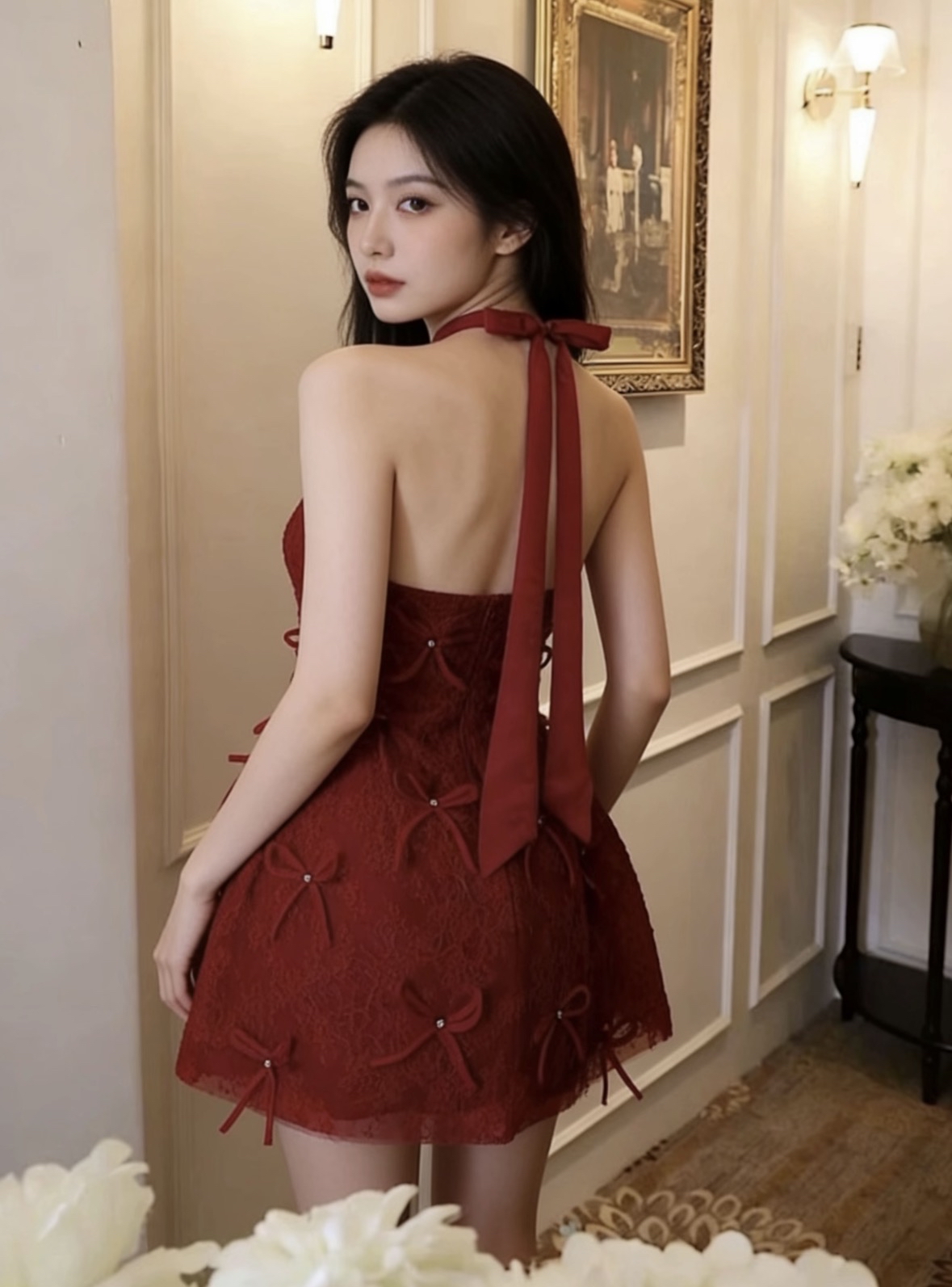 DR480蝴蝶结红色连衣裙