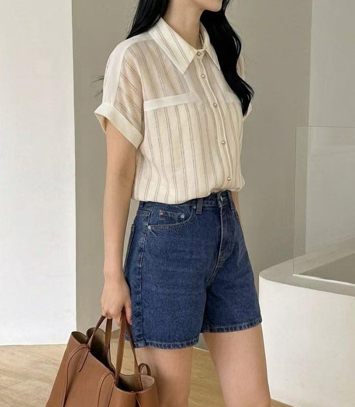 法式復古條紋短袖恤衫 