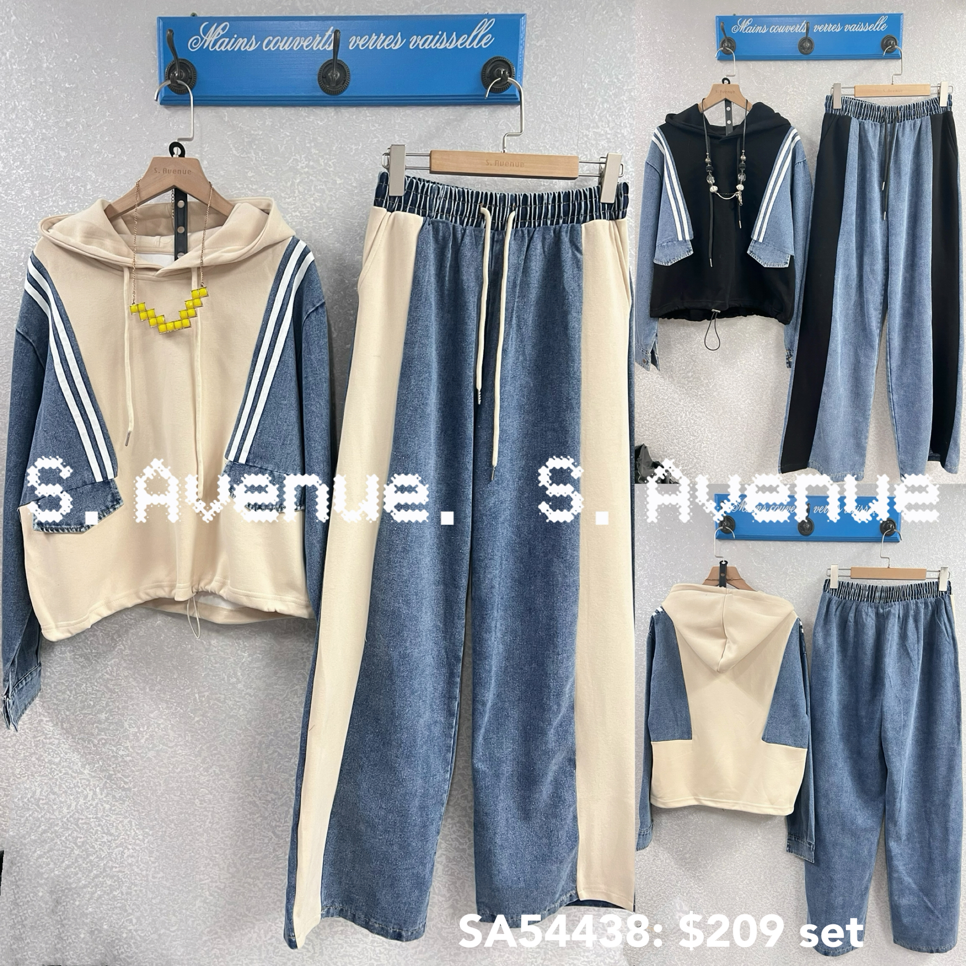 SA54438: 長袖有帽側拼牛仔衞衣配拼牛仔長褲套裝