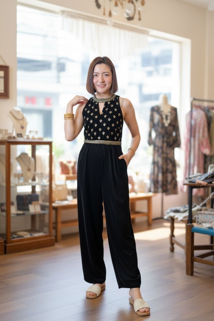 Black Velvet Gold Print Jumpsuit 52" #1091