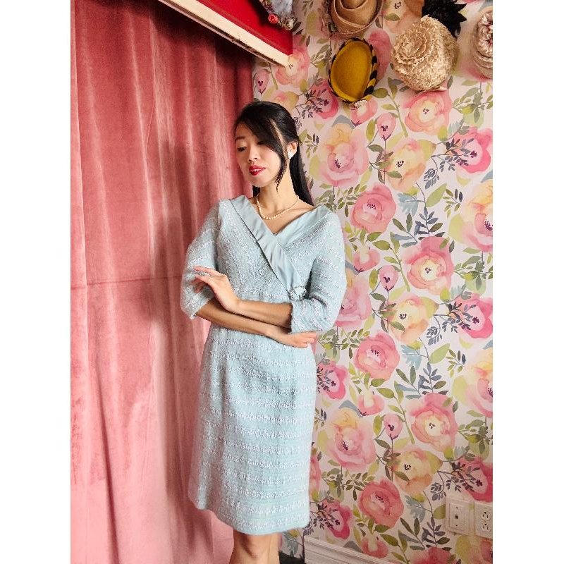 Rare! 1950s Powder Blue Wool Dress with Sparkly Belt Buckle and Satin Trim (MT1938)