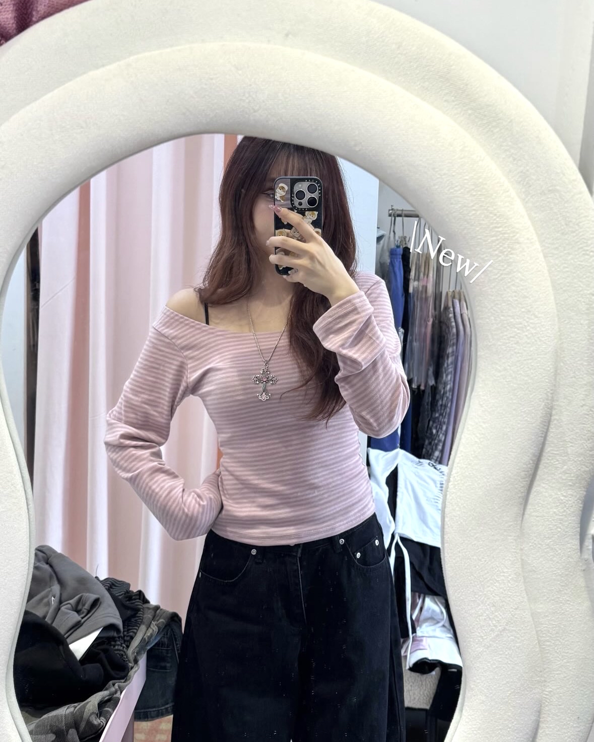 韓國間條斜膊薄款Top