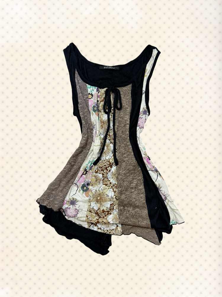 [On Sale] Asymmetrical Floral Patchwork Tie-Front Tank