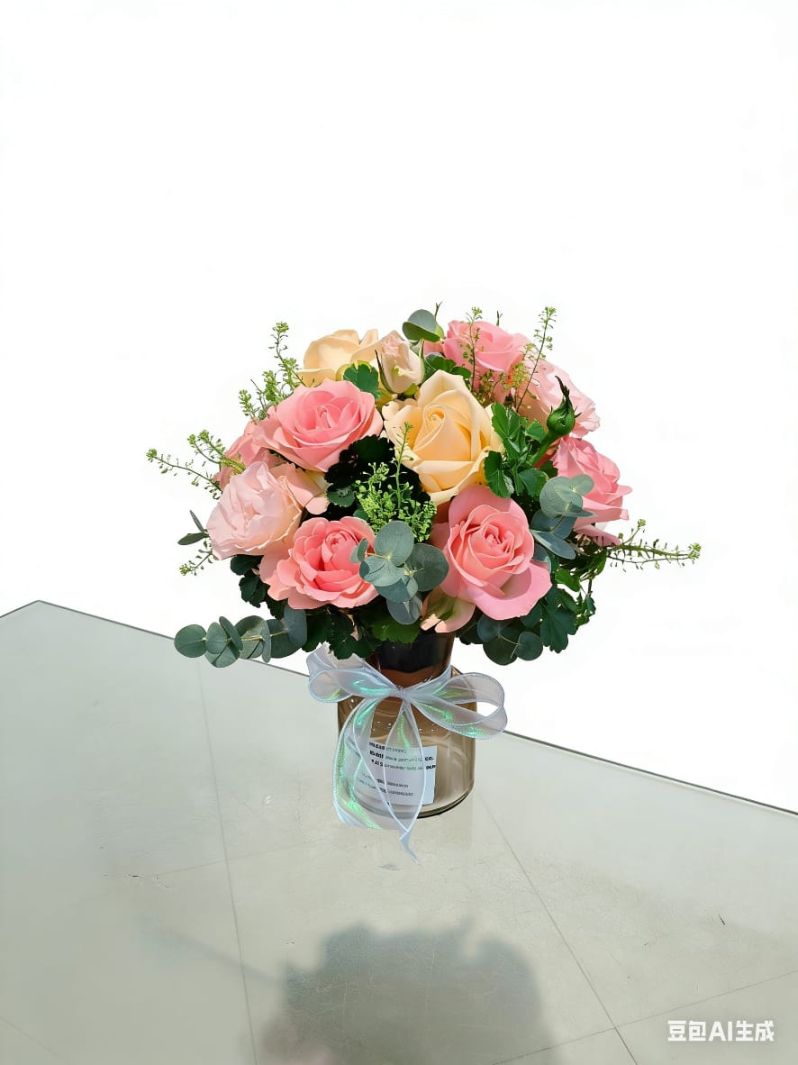Elegant Rose Bouquet in Glass Vase with Ribbon