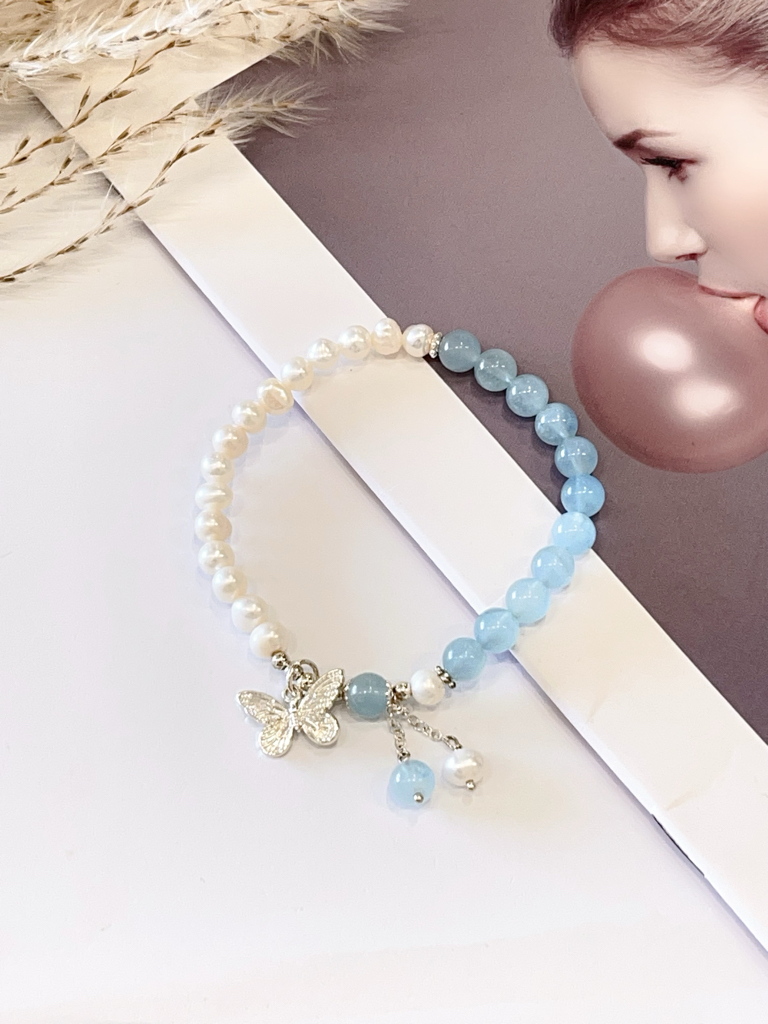 💜 紫水晶 × 葡萄石 × 海蓝宝 × 淡水珍珠手串 Amethyst, Prehnite, Aquamarine & Freshwater Pearl  |  6mm