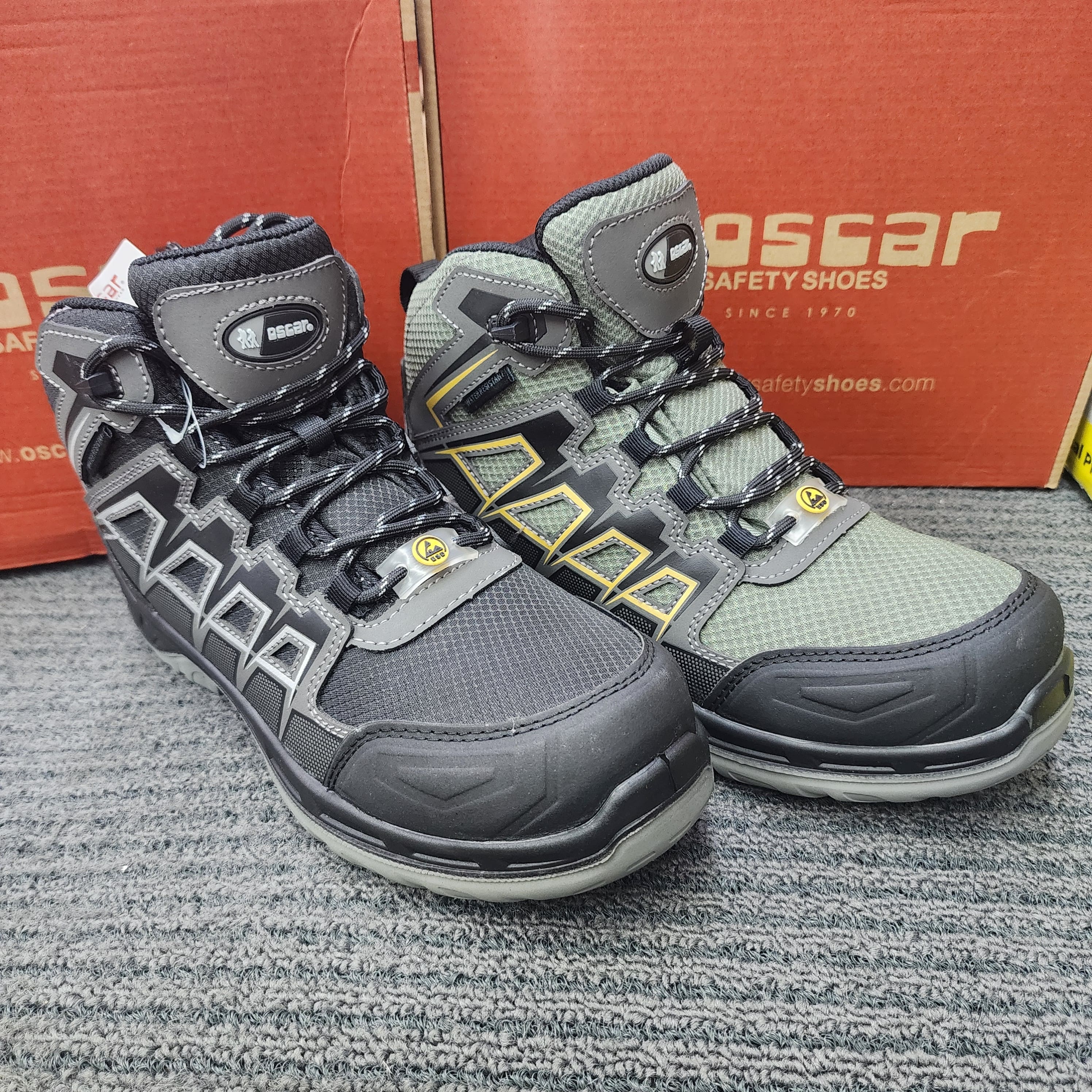 Oscar 122 123 Sport Safety Shoes Mid Cut Lace Khaki Grey ESD SHOES Water Resistant  Kasut Keselamatan