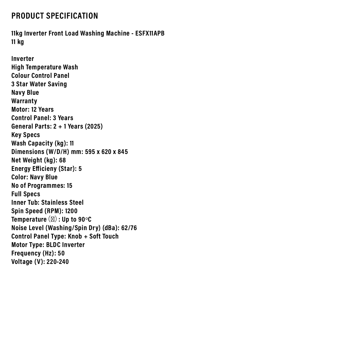 Sharp 11kg Pro-Flex Inverter Front Load Washer (ESFX11APB)